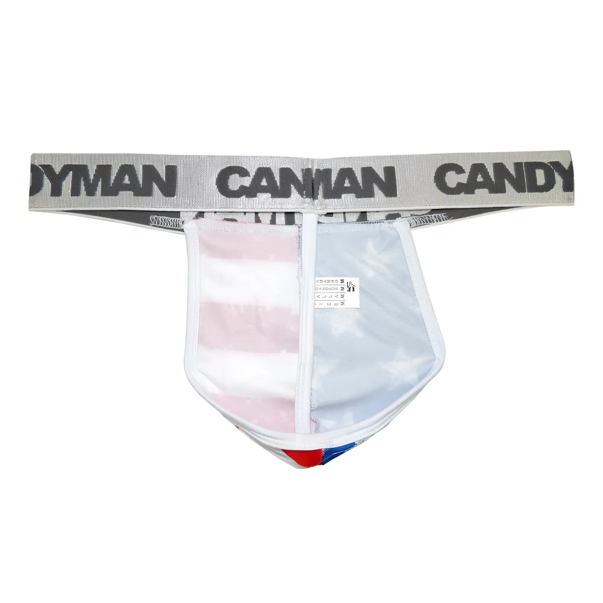 Transparent men’s briefs with gray candy waistband and colorful striped panels candyMan 99154 patriotic thong