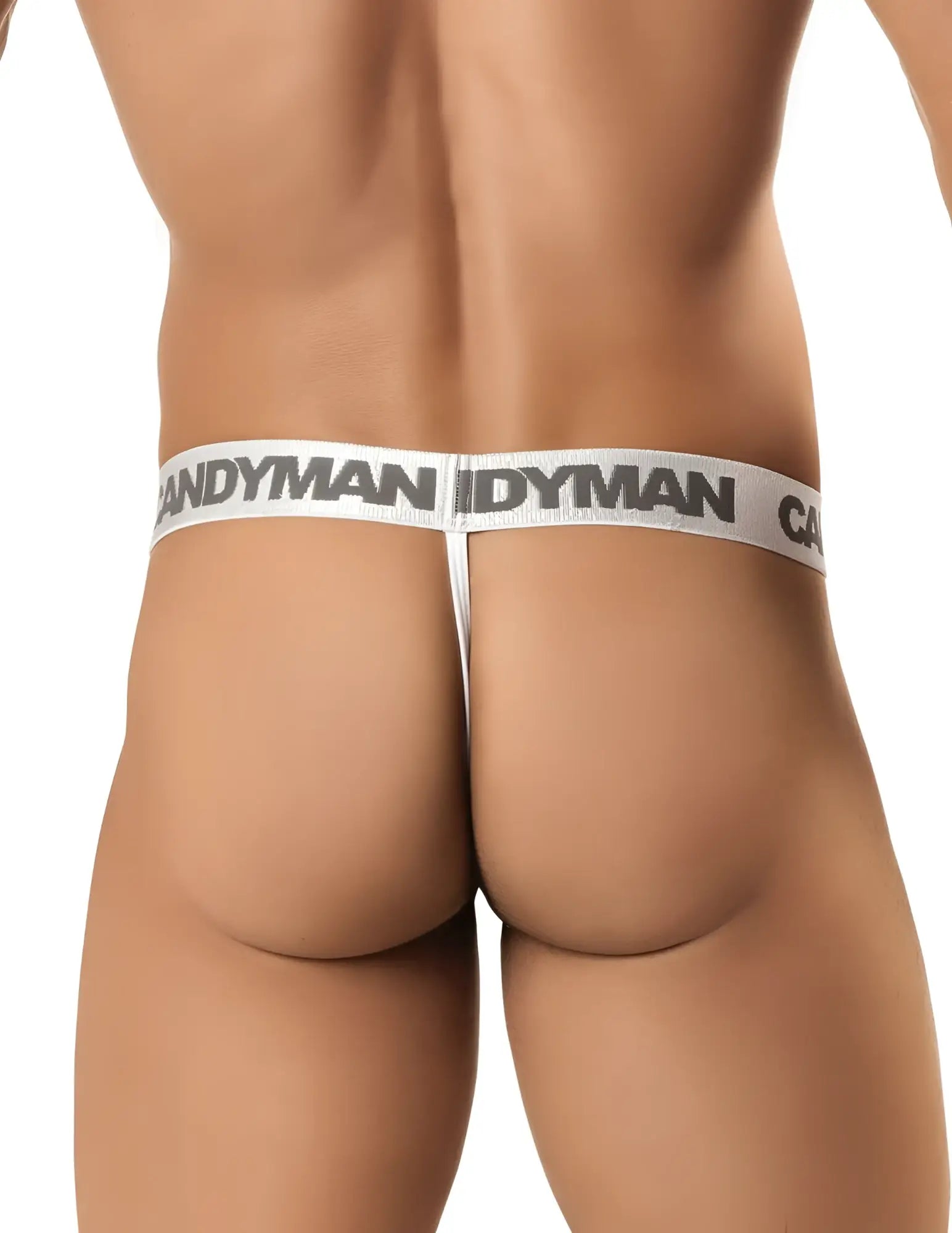 White candyman brand thong with gray logo band on waistband shown from the back in patriotic multi-colored style