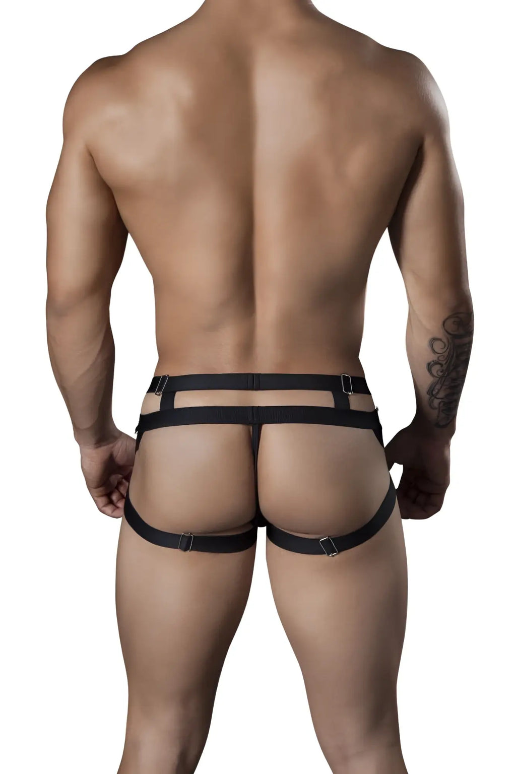 Black leather harness-style briefs with adjustable straps and metal buckles candyMan 99242 jockstrap in black