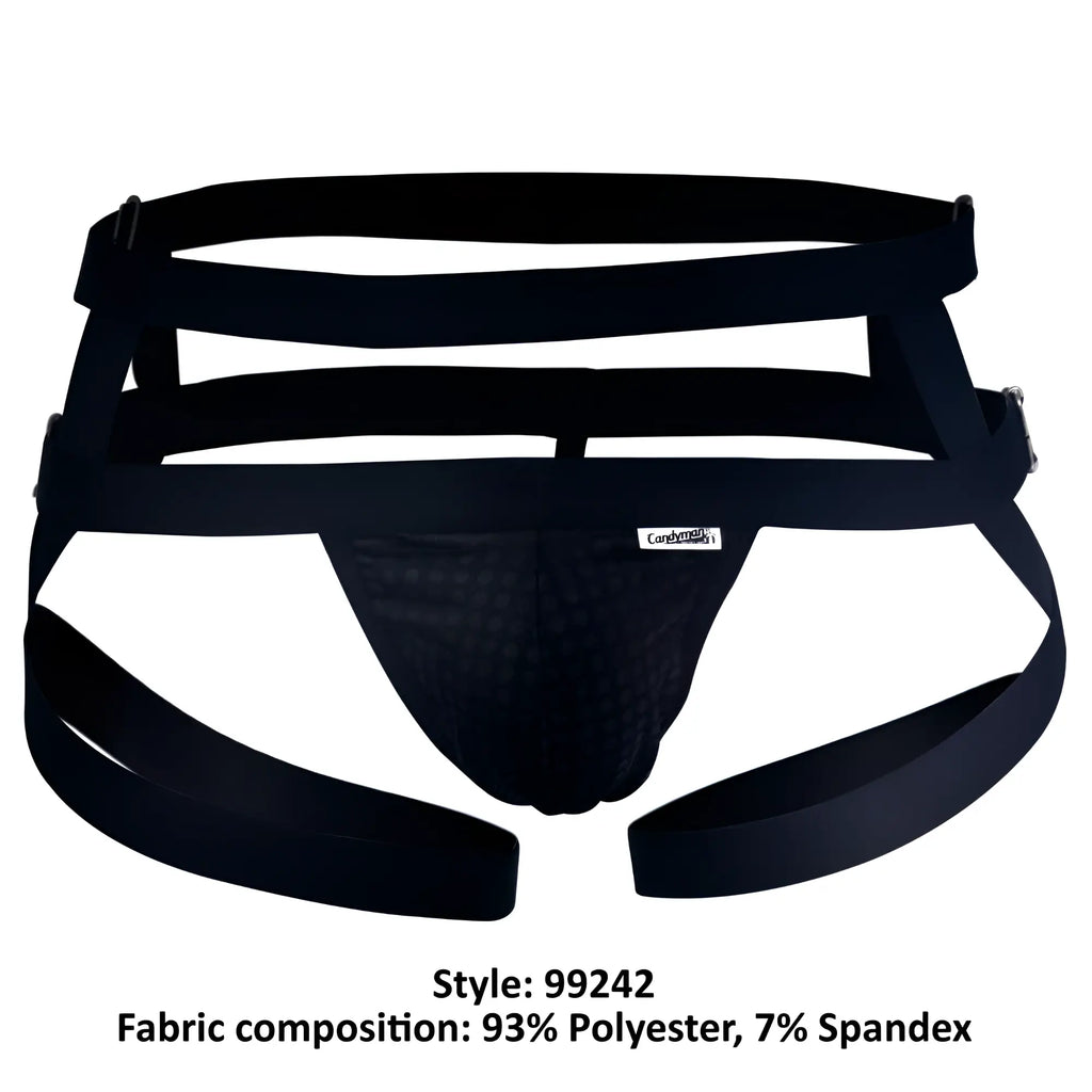 Black candyman 99242 jockstrap with multi-strap design and mesh paneling for athletic support