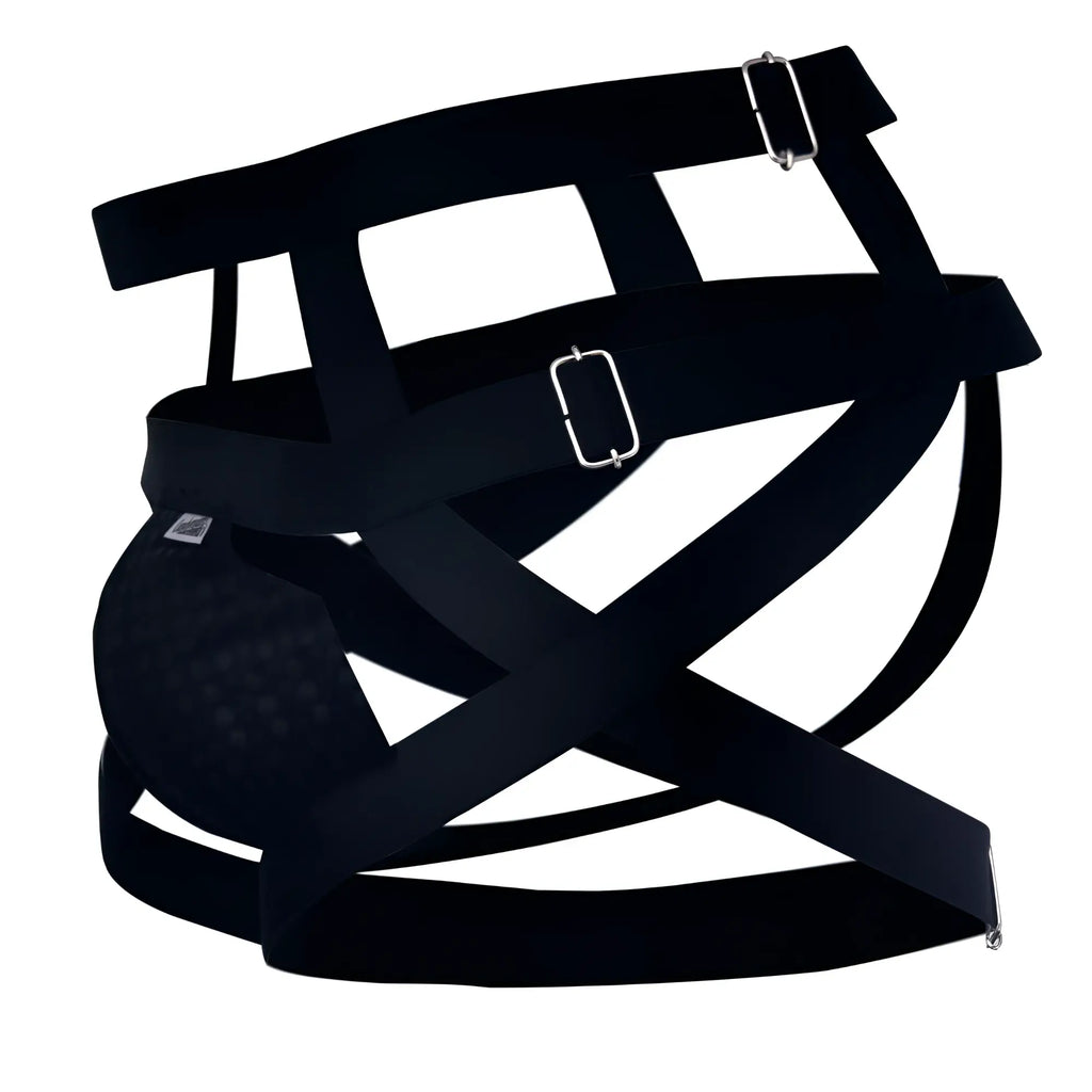 Black mesh athletic support jockstrap with adjustable straps and silver-toned metal buckles by candyman