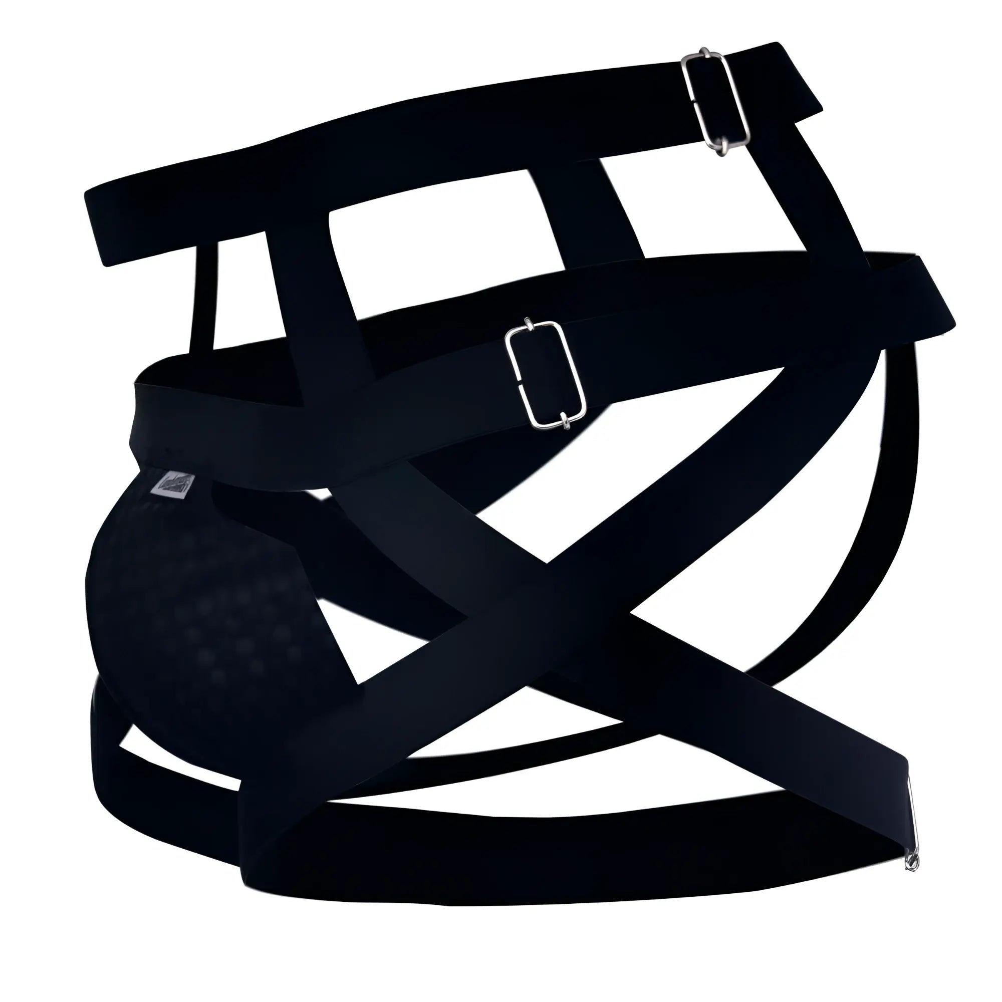 Black mesh athletic support jockstrap with adjustable straps and silver-toned metal buckles by candyman