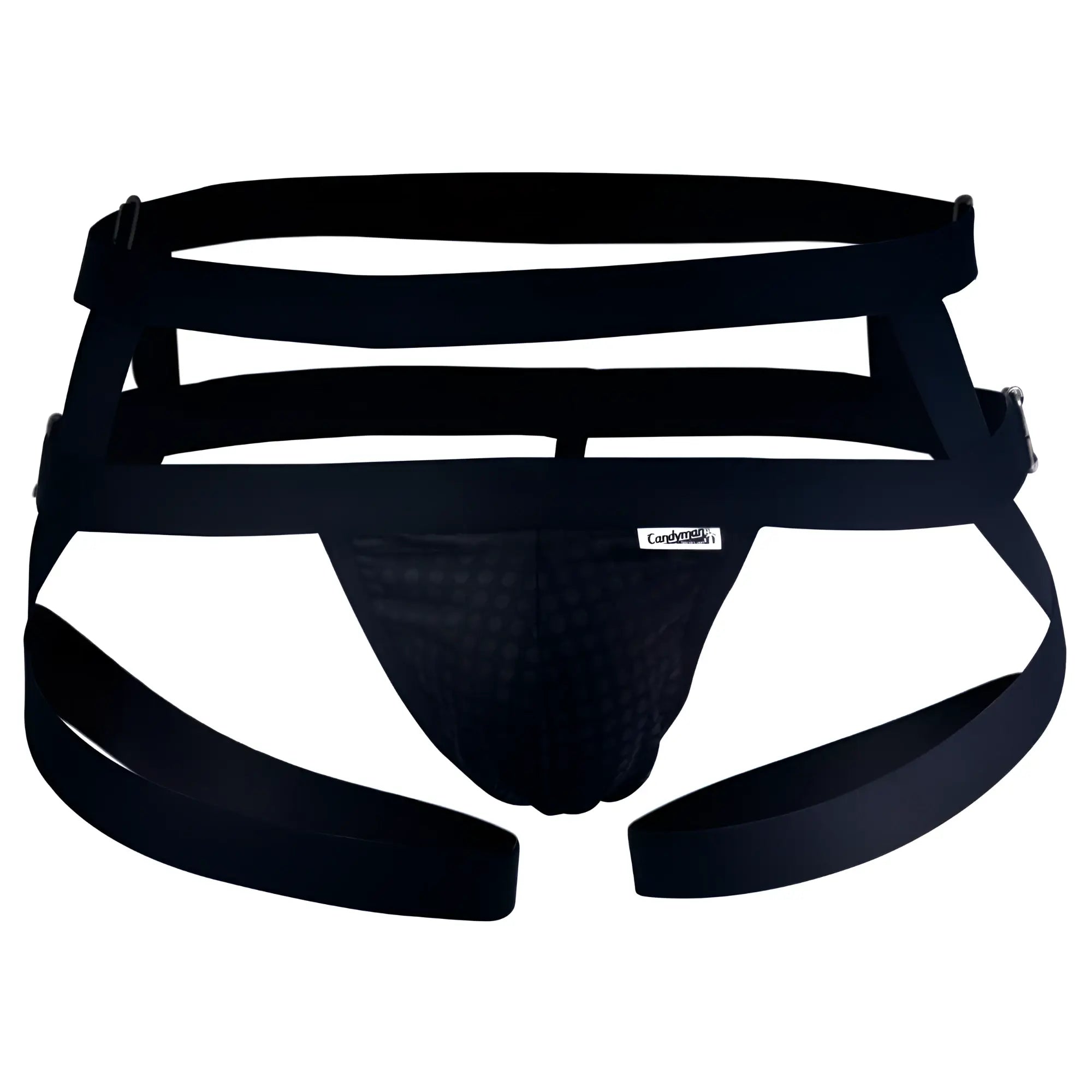 Candyman 99242 black jockstrap mesh briefs with multi-strap design and adjustable buckles front view