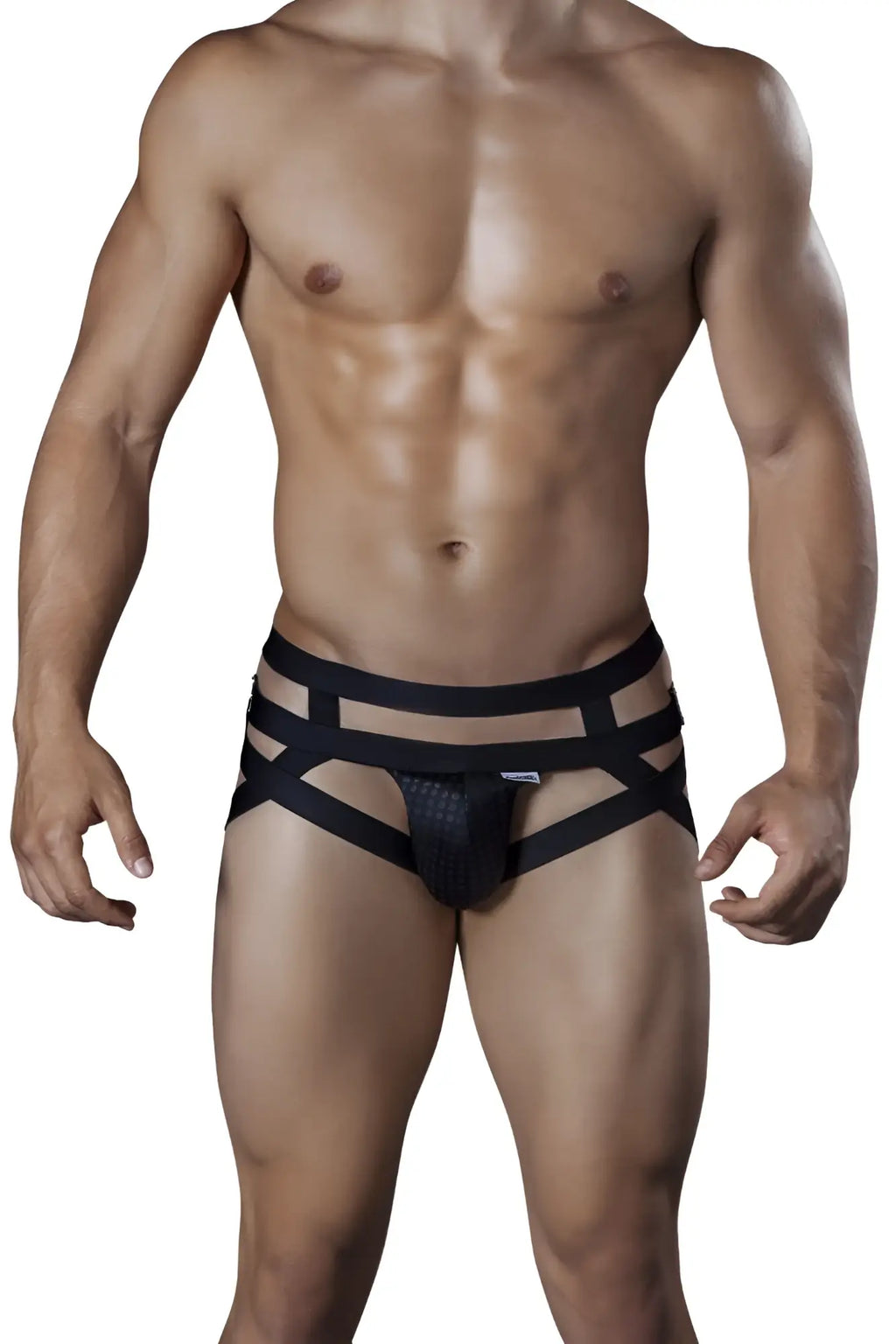 Black candyman 99242 jockstrap briefs with textured front panel and multiple horizontal straps for support
