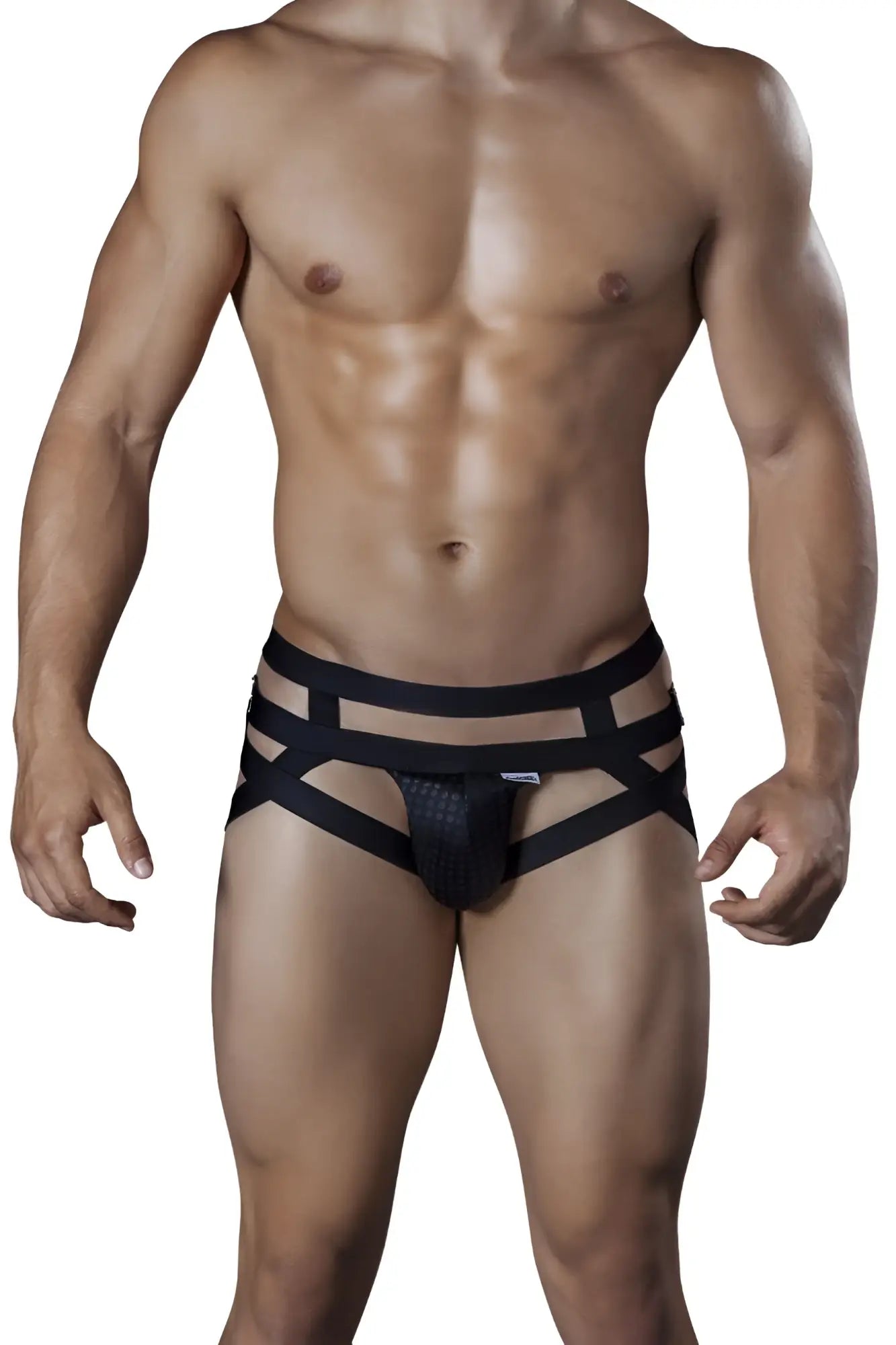 Black candyman 99242 jockstrap briefs with textured front panel and multiple horizontal straps for support