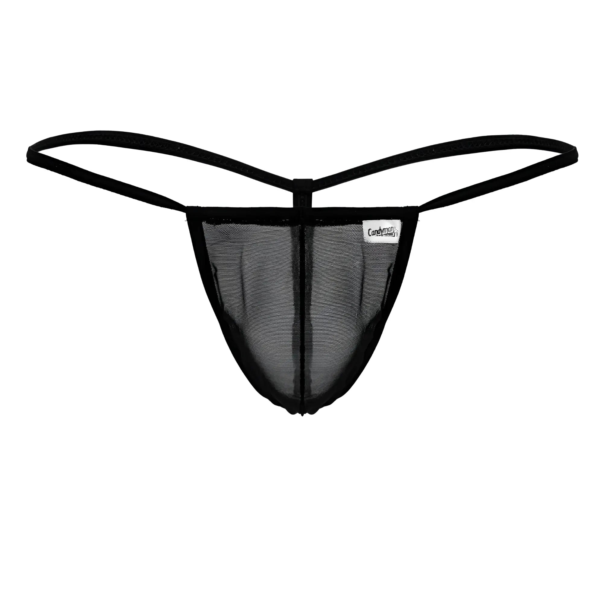CandyMan 99246 black mesh thong with thin elastic straps and branded label showing front side of the product