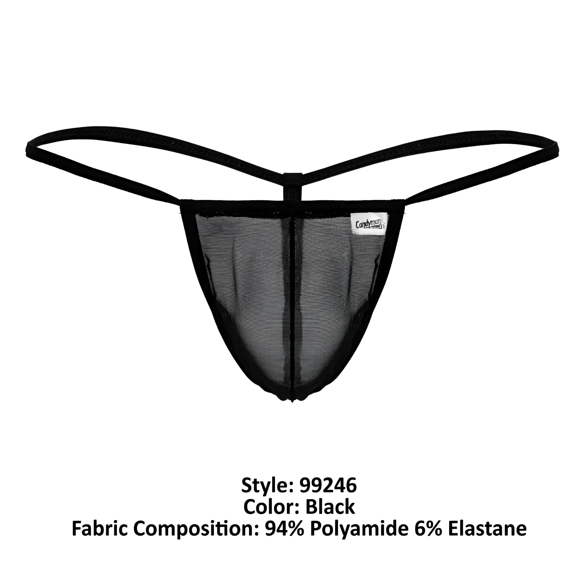 Black mesh CandyMan 99246 g-string thong with thin elastic straps and small white brand tag visible