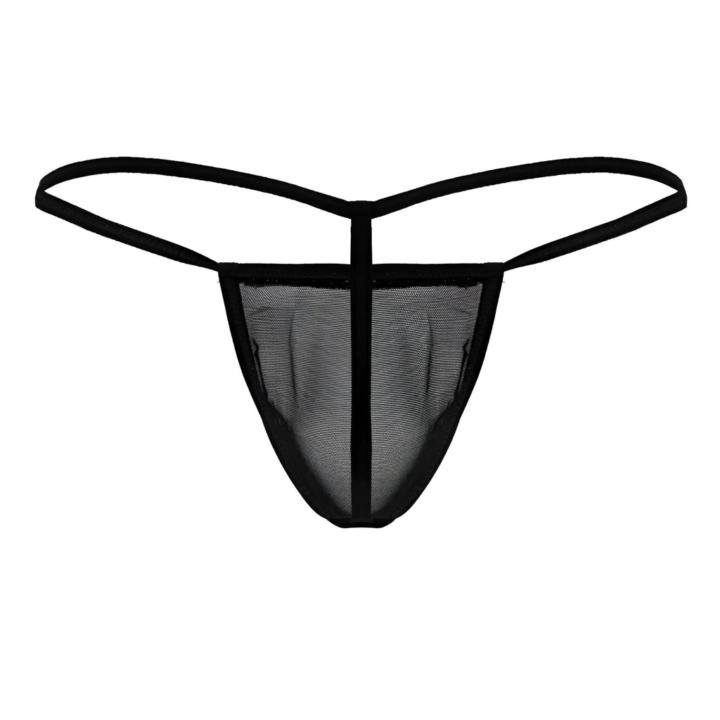 CandyMan 99246 black g-string thong with black mesh, thin elastic straps, and a central vertical seam