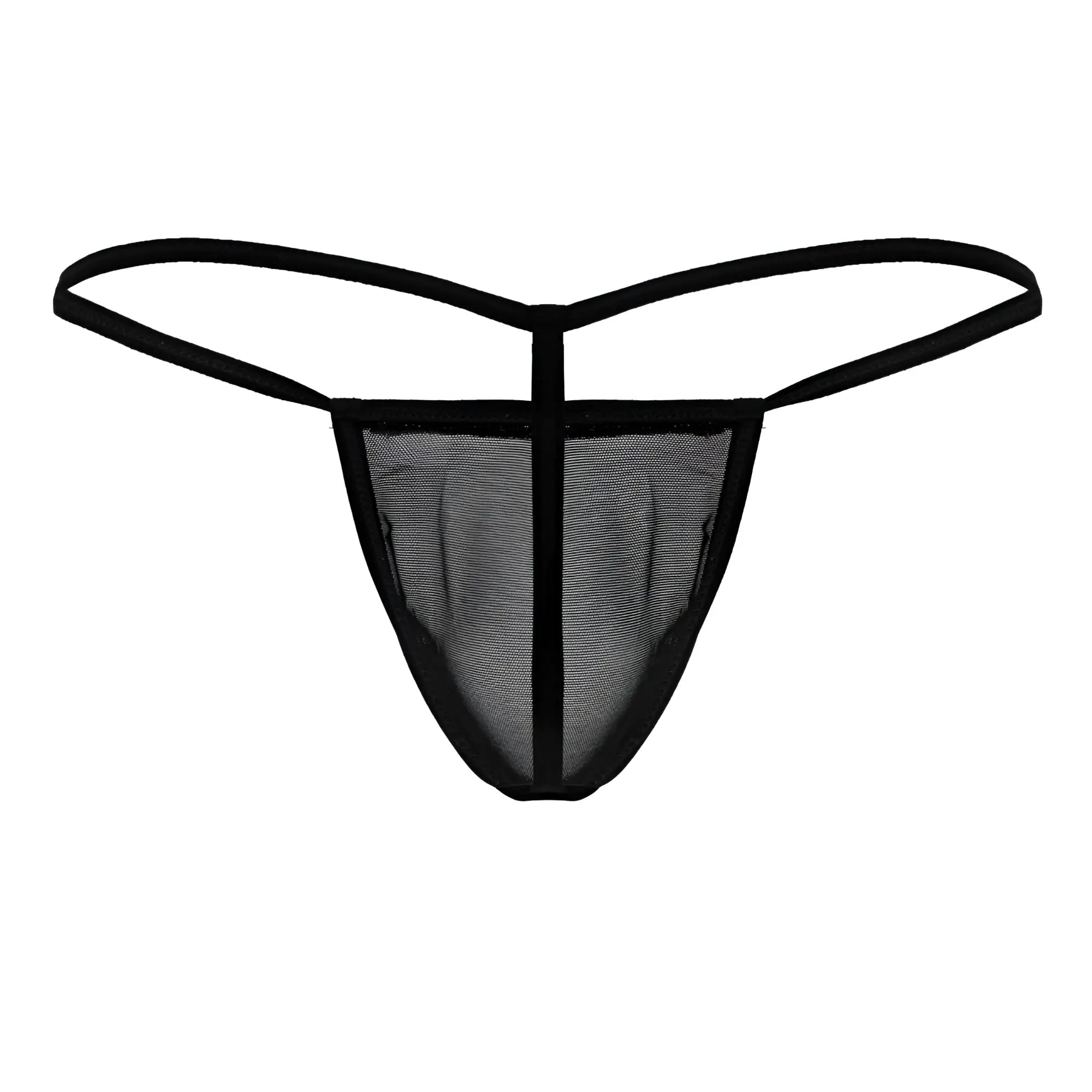 CandyMan 99246 black g-string thong with black mesh, thin elastic straps, and a central vertical seam