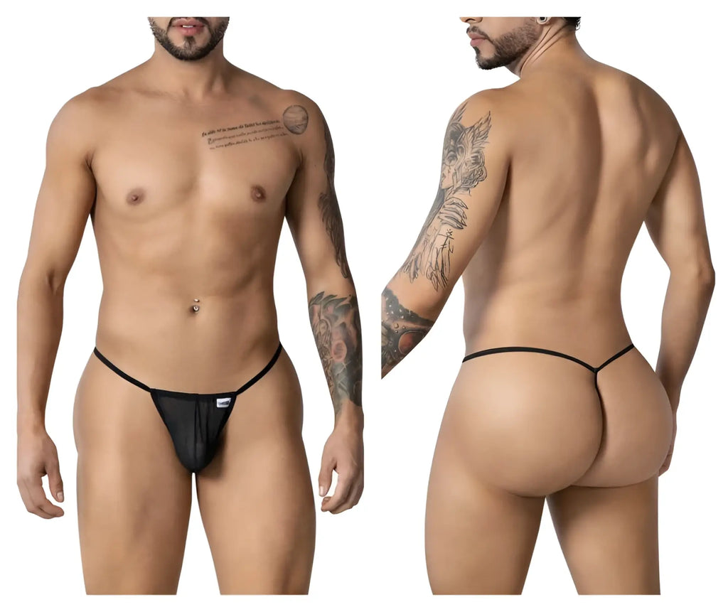 Black mesh thong candyMan 99246 g-string with thin elastic waistband and small white brand tag visible