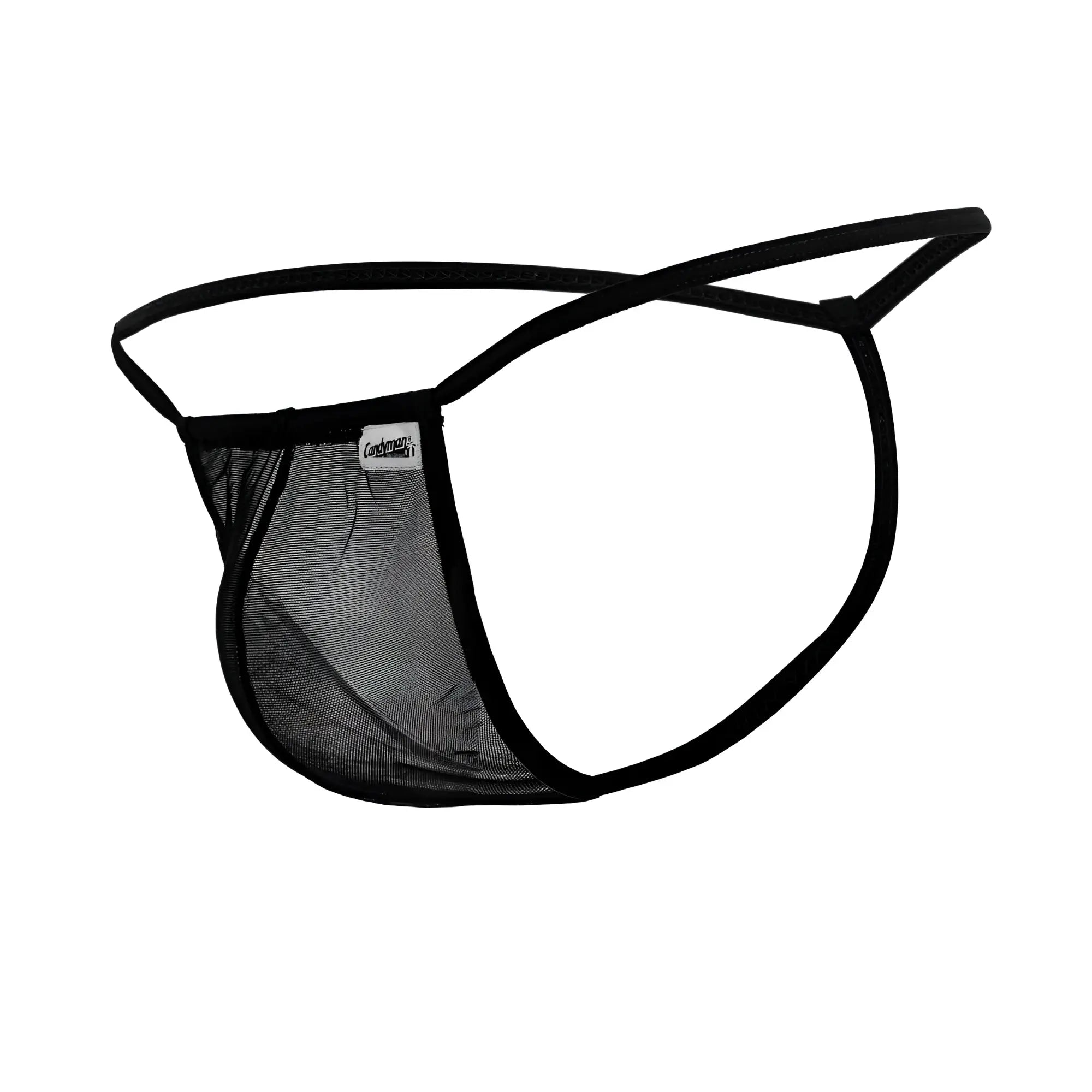 Black mesh candy man 99246 g-string thong with solid black elastic band and trim shown from the back side