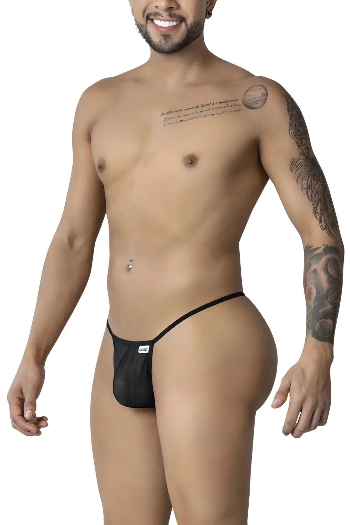 Black CandyMan 99246 g-string thong made of mesh with a small white brand tag on the side