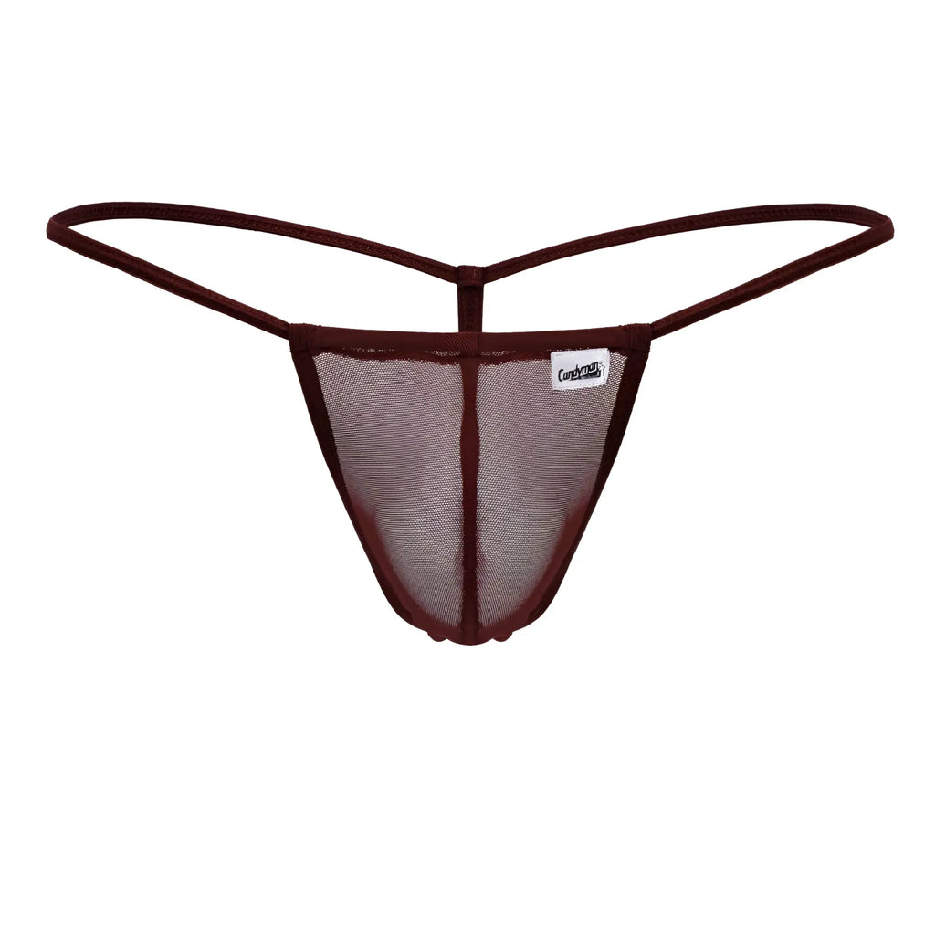 Maroon mesh candyMan 99246 g-string thong with thin elastic straps and branded label visible on the front side