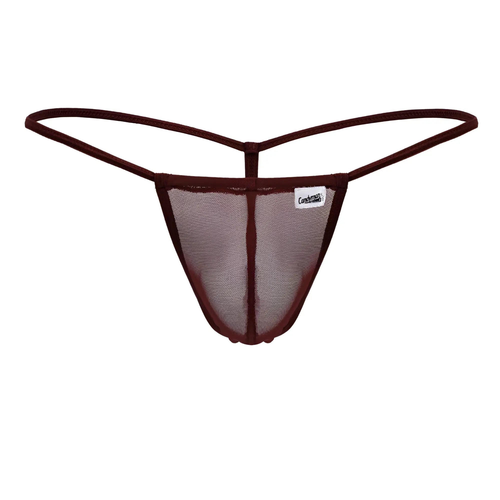 Maroon mesh candyMan 99246 g-string thong with thin elastic straps and branded label visible on the front side