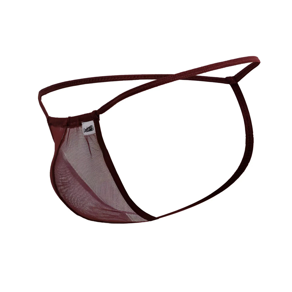 CandyMan 99246 g-string thong in burgundy mesh with thin solid fabric straps and small brand tag visible