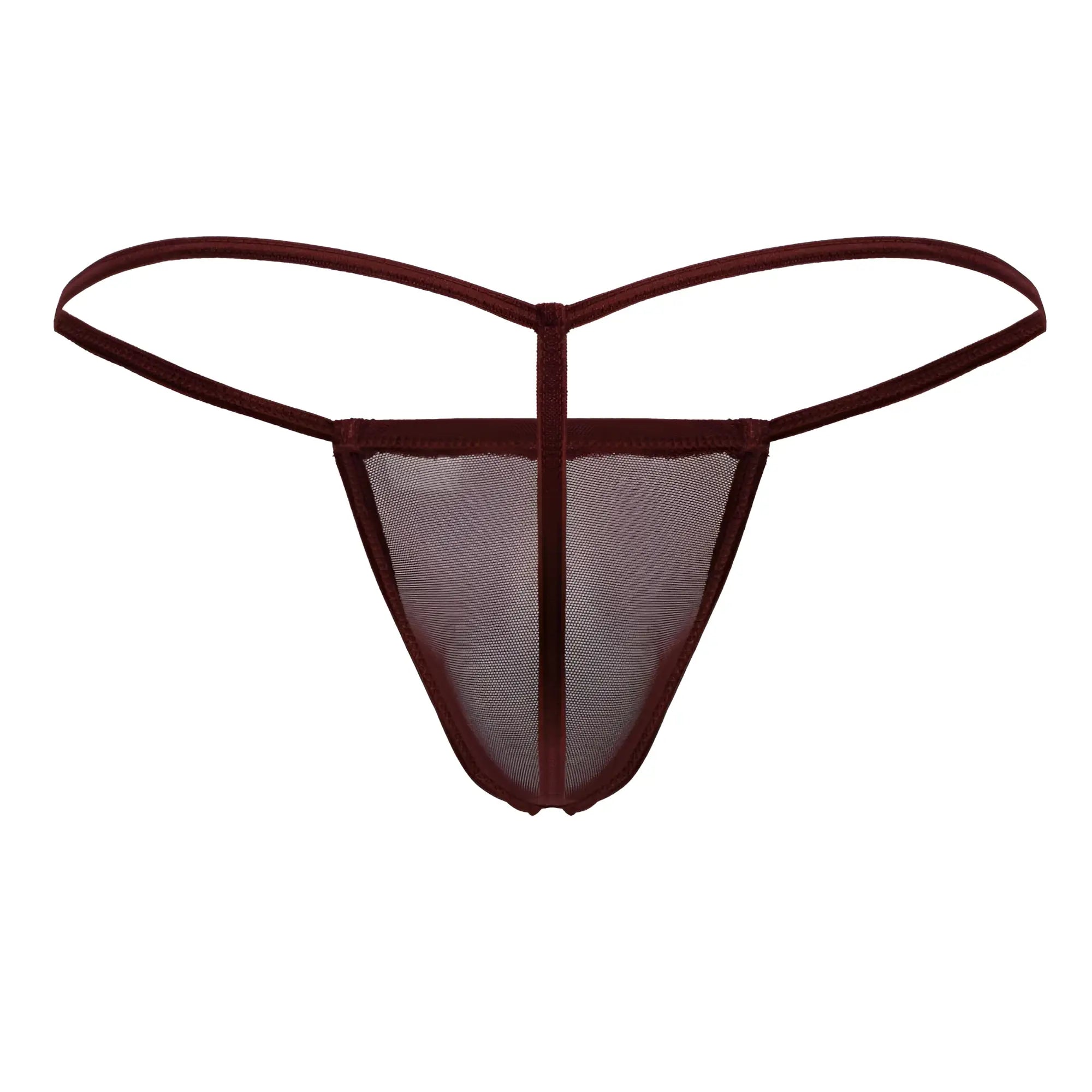 CandyMan 99246 burgundy g-string thong with maroon mesh fabric and solid waistband and leg openings