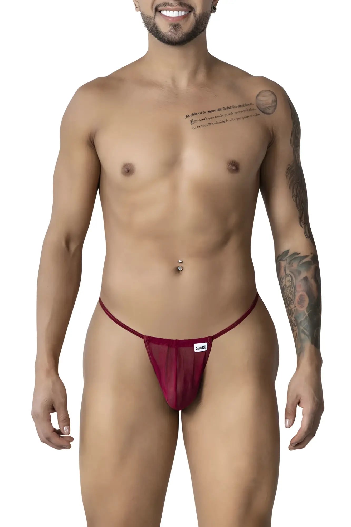 CandyMan 99246 burgundy sheer mesh g-string thong with small white brand tag on the front