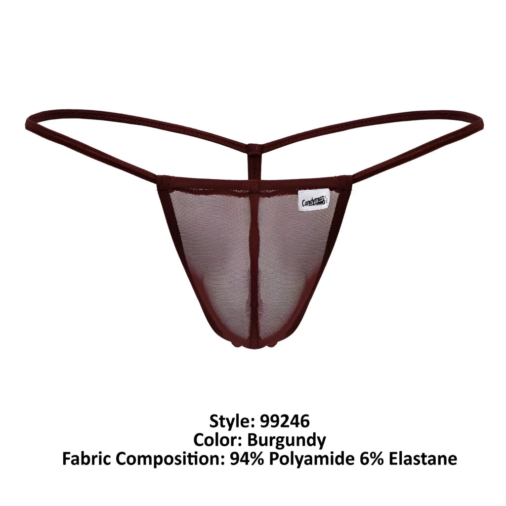 CandyMan 99246 g-string thong in burgundy mesh with thin elastic straps and branded label visible on the front side