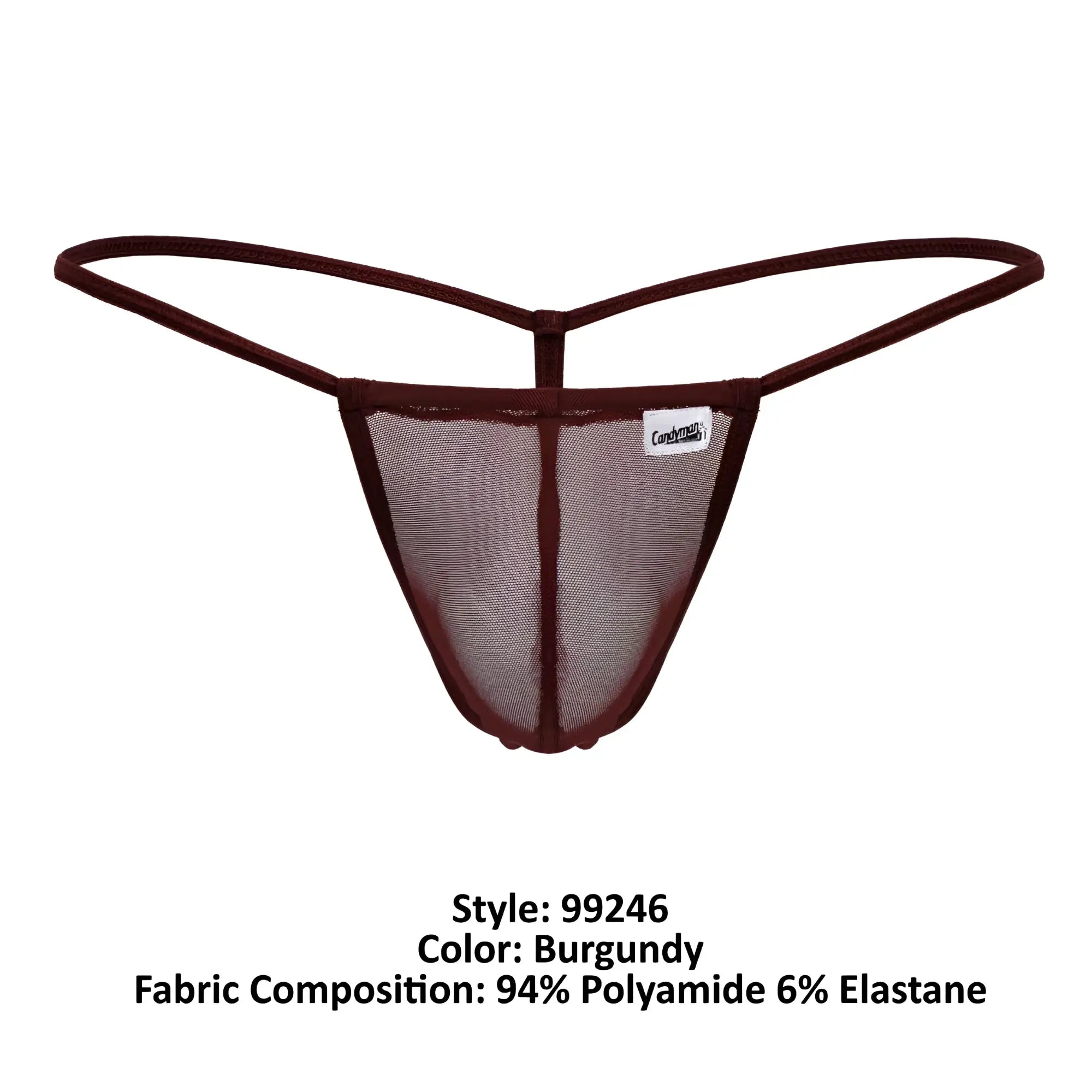 CandyMan 99246 g-string thong in burgundy mesh with thin elastic straps and branded label visible on the front side