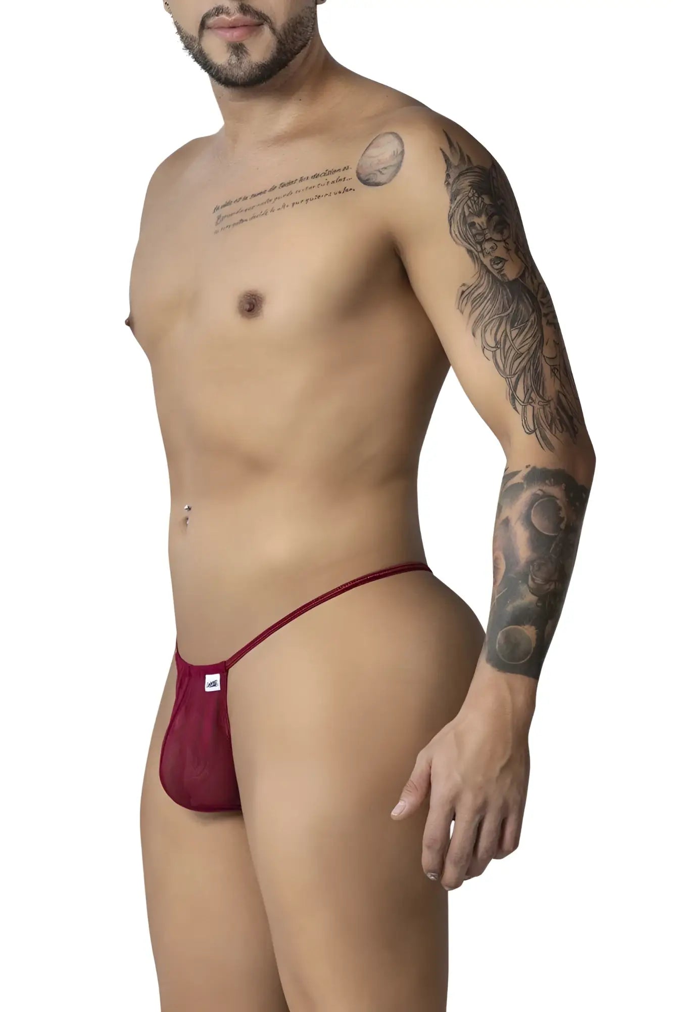 CandyMan 99246 burgundy red mesh thong with a small white logo on the front for comfortable wear