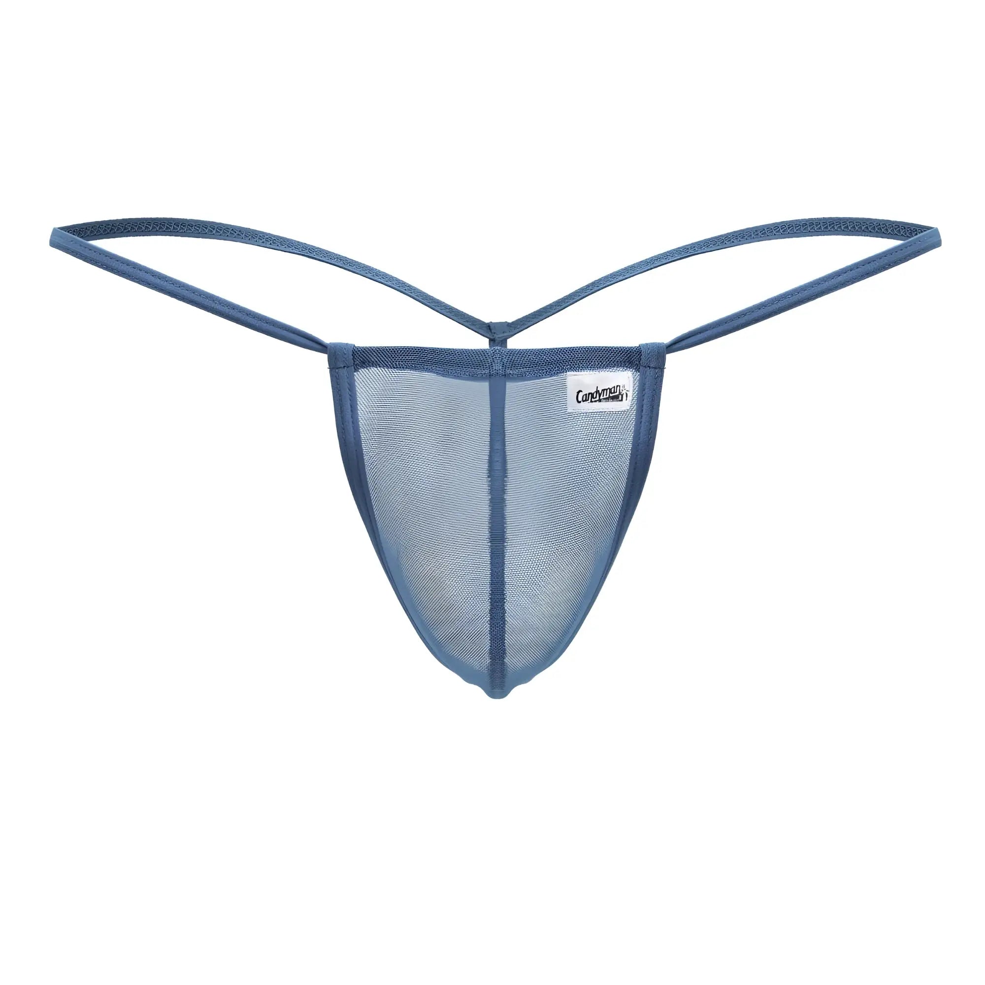 Candyman 99246 turquoise g-string thong made of blue mesh with thin adjustable straps and a small white label on front