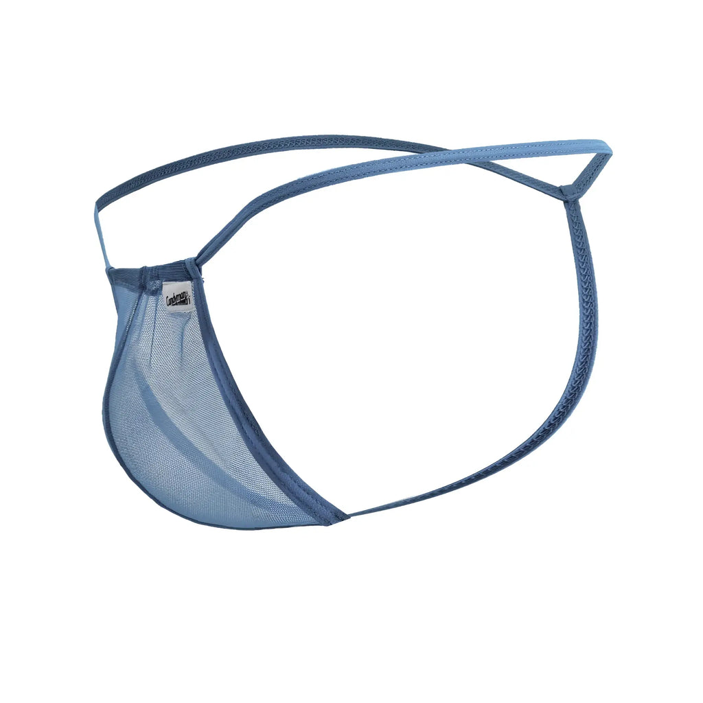 Blue mesh thong g-string with thin supportive straps and subtle brand tag in turquoise candy man 99246