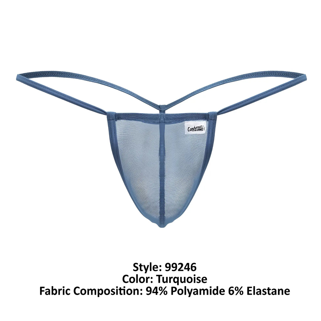 Turquoise mesh thong g-string with thin adjustable straps and branded label candyMan 99246