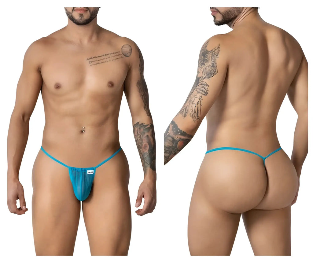 CandyMan 99246 turquoise sheer mesh thong with a minimalist design and a small white brand tag on the front