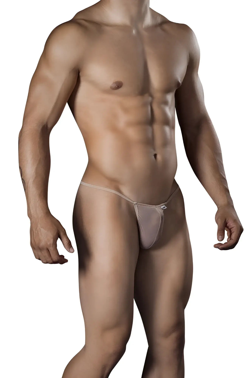 Beige mesh thong candyMan 99246 with a small white logo on the front made of breathable material