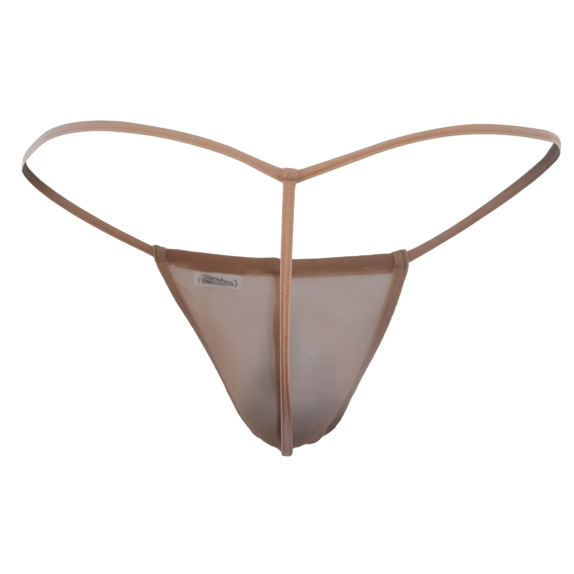 CandyMan 99246 thong beige sheer tan mesh fabric with thin supportive waistband shown from back side
