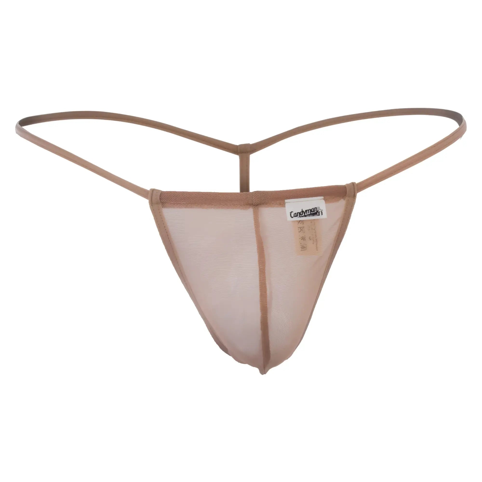 CandyMan 99246 beige mesh thong with thin supportive straps and branded tag for comfortable wear