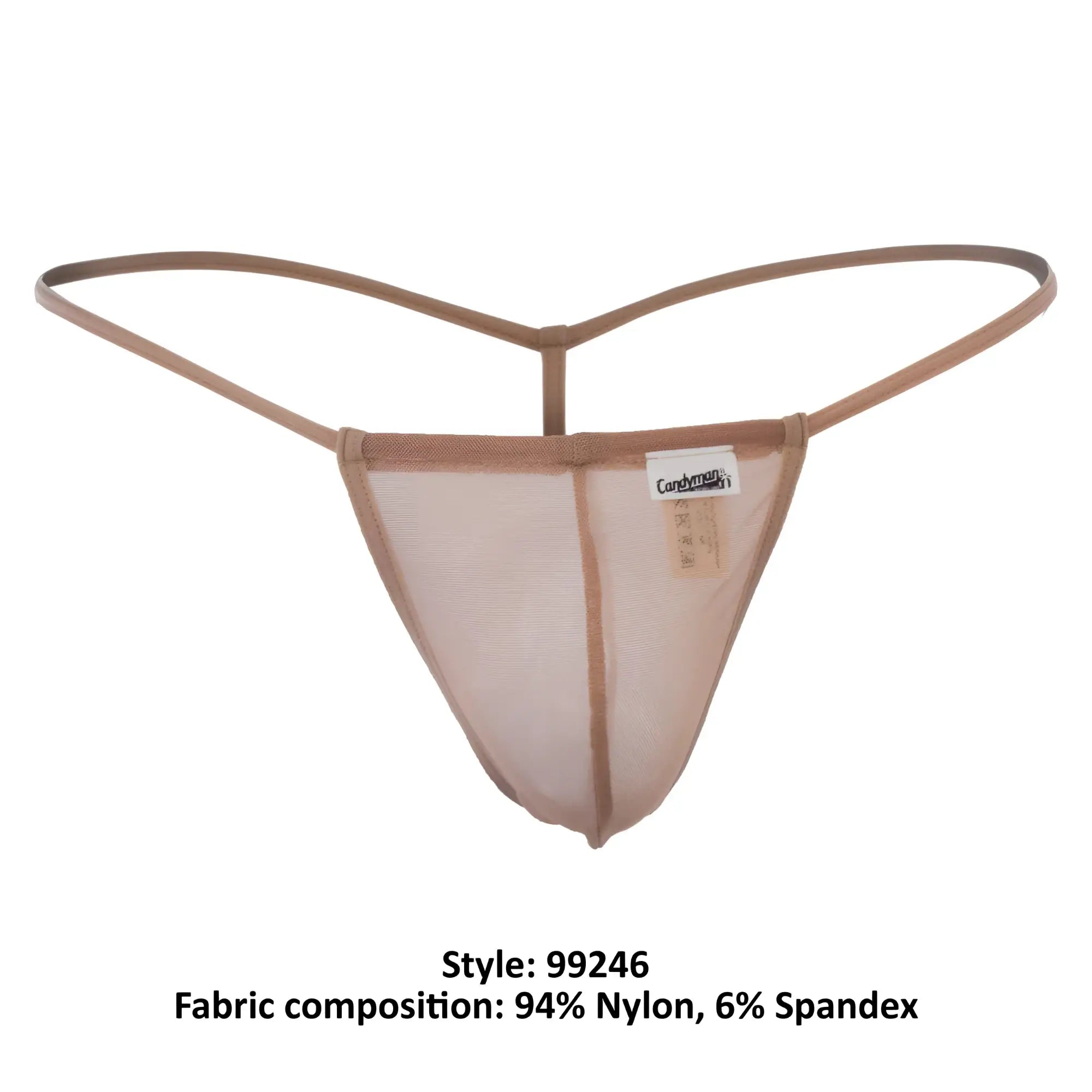 CandyMan 99246 beige thong made of tan mesh with thin supportive straps and a branded tag on the back side