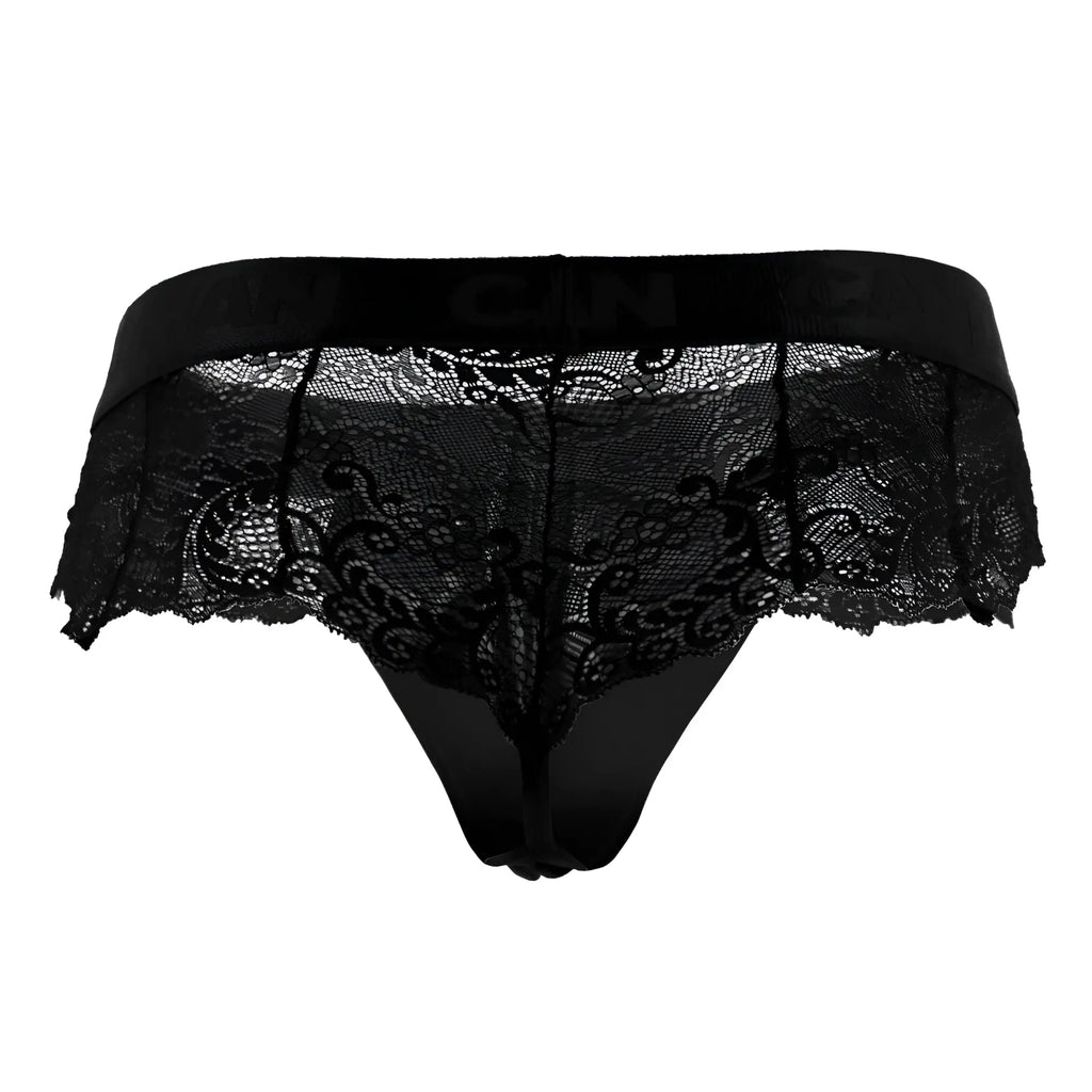 Black lace thong CandyMan 99304 with solid black elastic waistband and intricate floral patterns front view