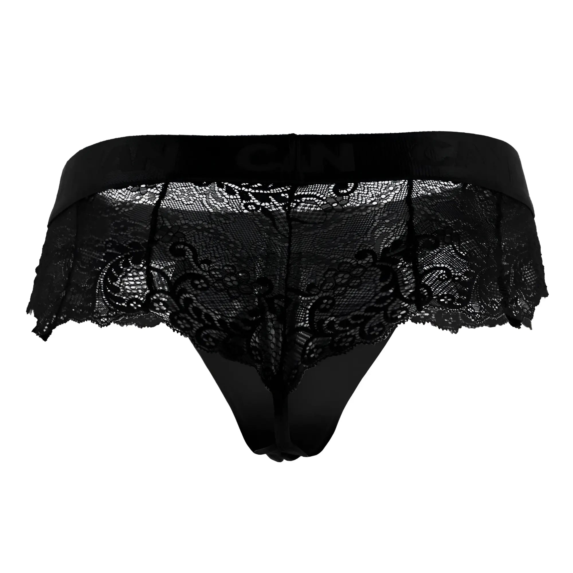 Black lace thong CandyMan 99304 with solid black elastic waistband and intricate floral patterns front view