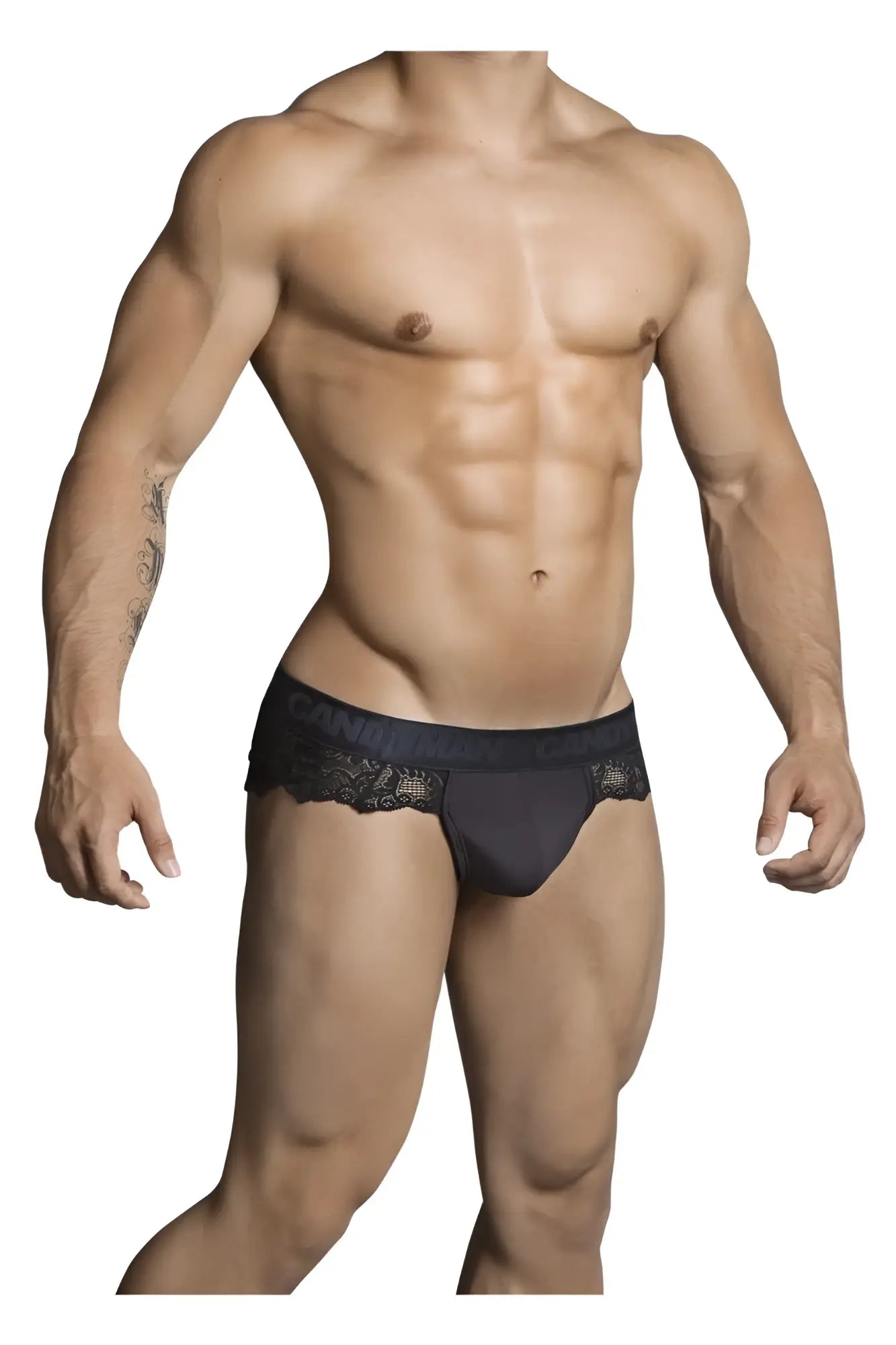 Black lace-trimmed calvin klein briefs candyMan 99304 thongs in black showing front view with delicate lace detail