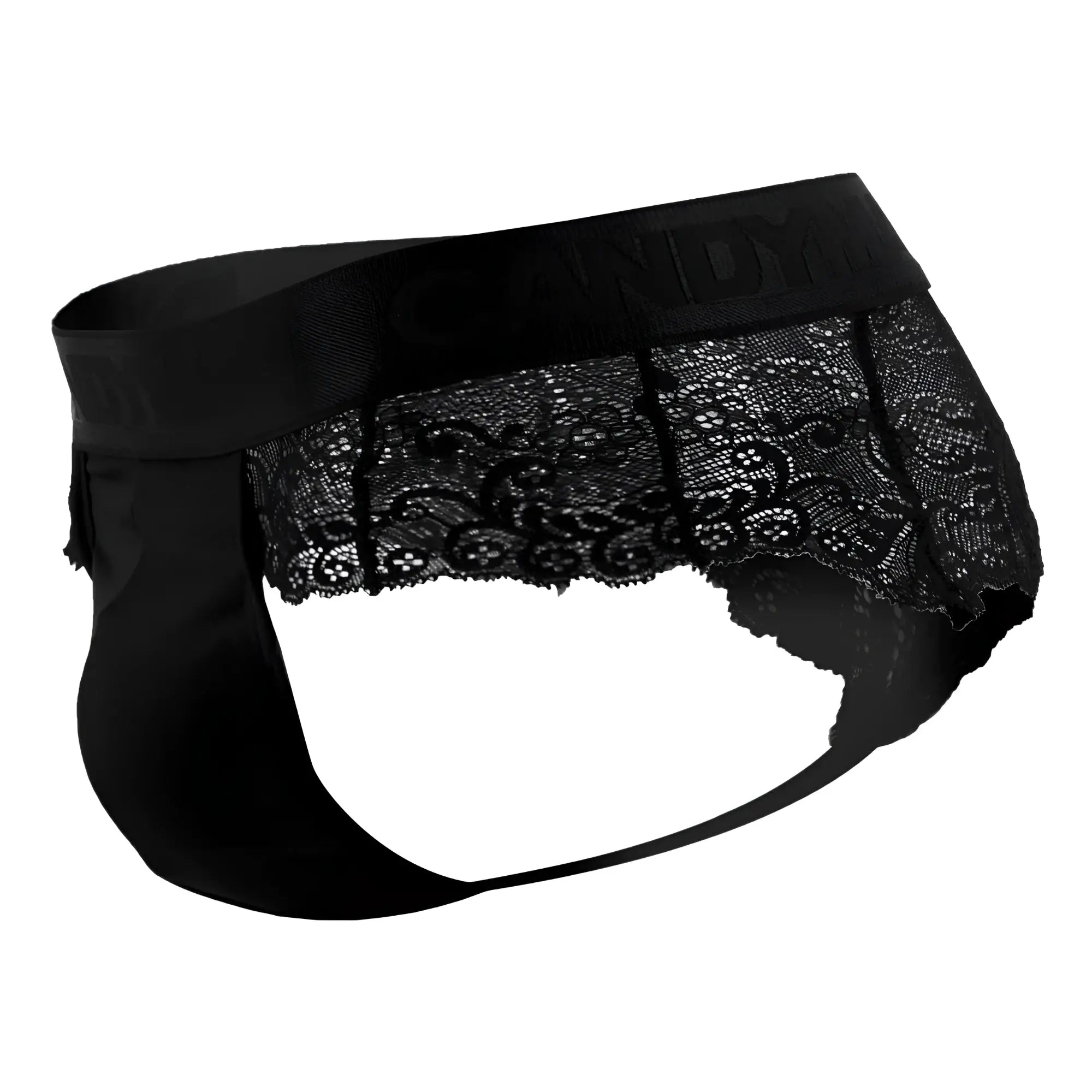 Black lace-trimmed men’s briefs with a satin candy waistband in black from candyman 99304 thongs collection