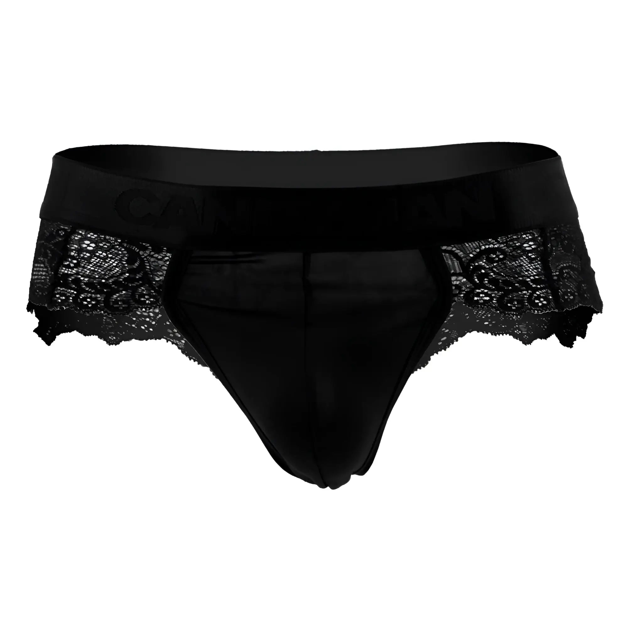 Black lace-trimmed mens briefs with satin waistband candyMan 99304 thongs in black shown from front view
