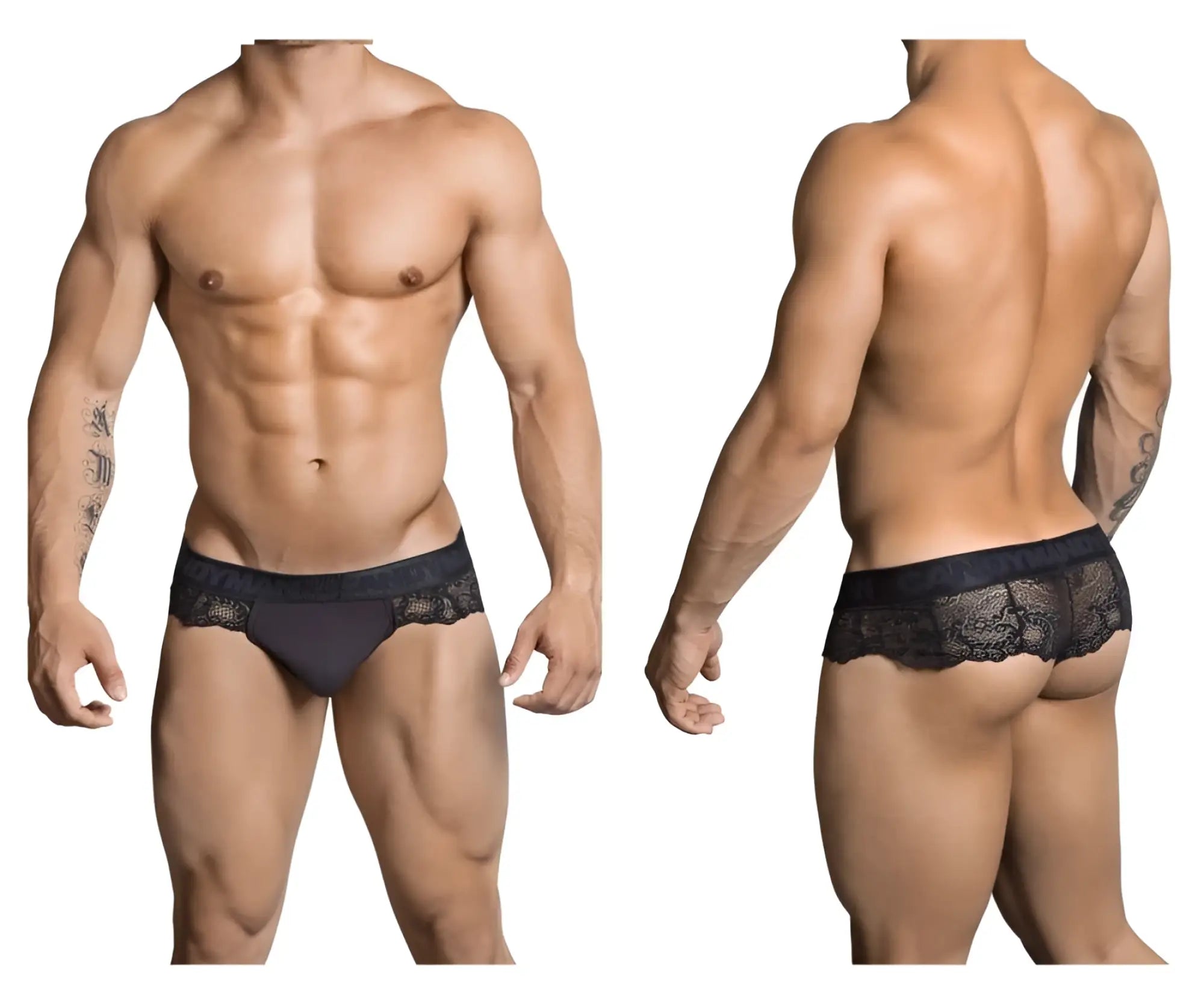 CandyMan 99304 black thongs with black lace trim and smooth fabric waistband shown from the front