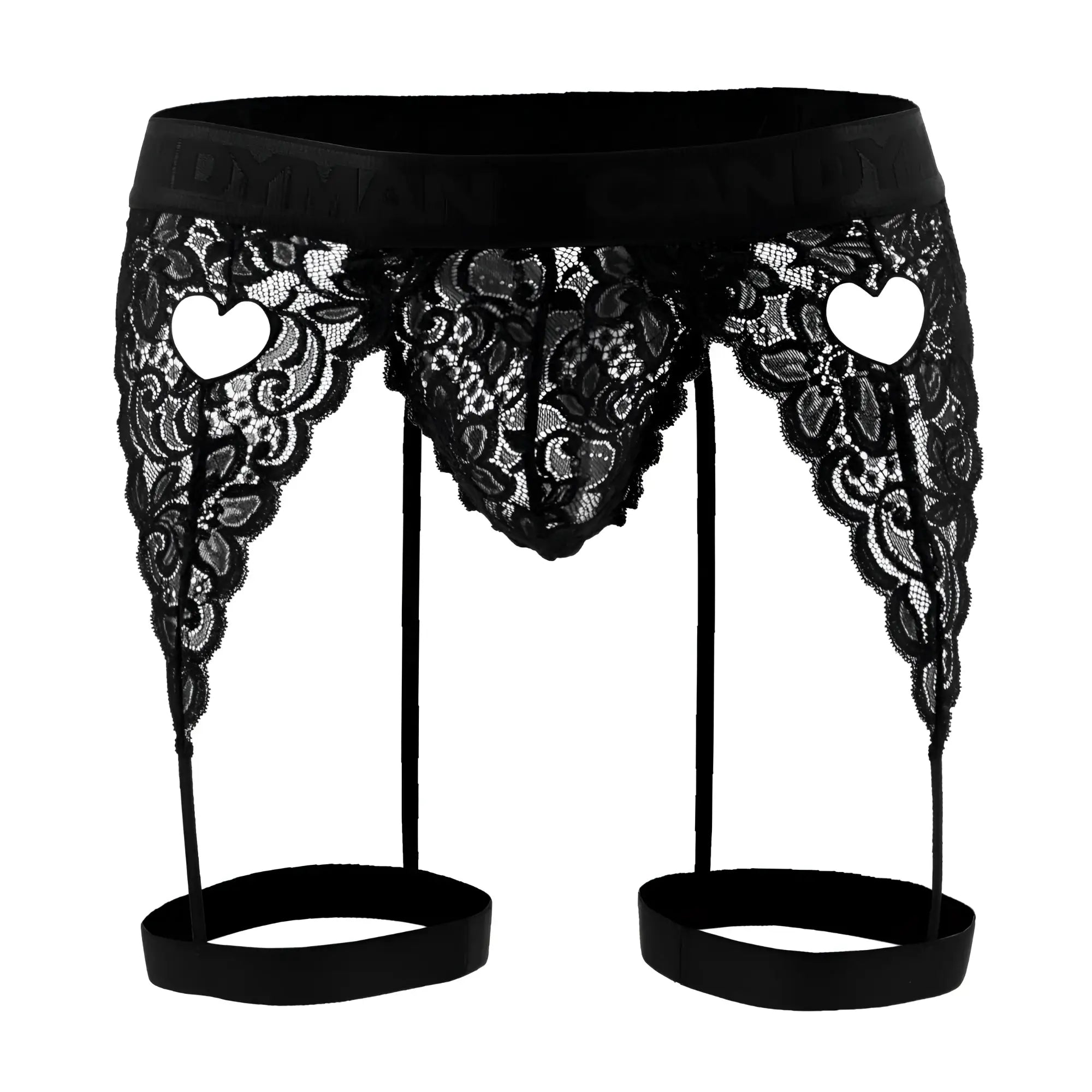 Black lace garter belt with heart-shaped cutouts and satin waistband from candyman 99310 thongs in black