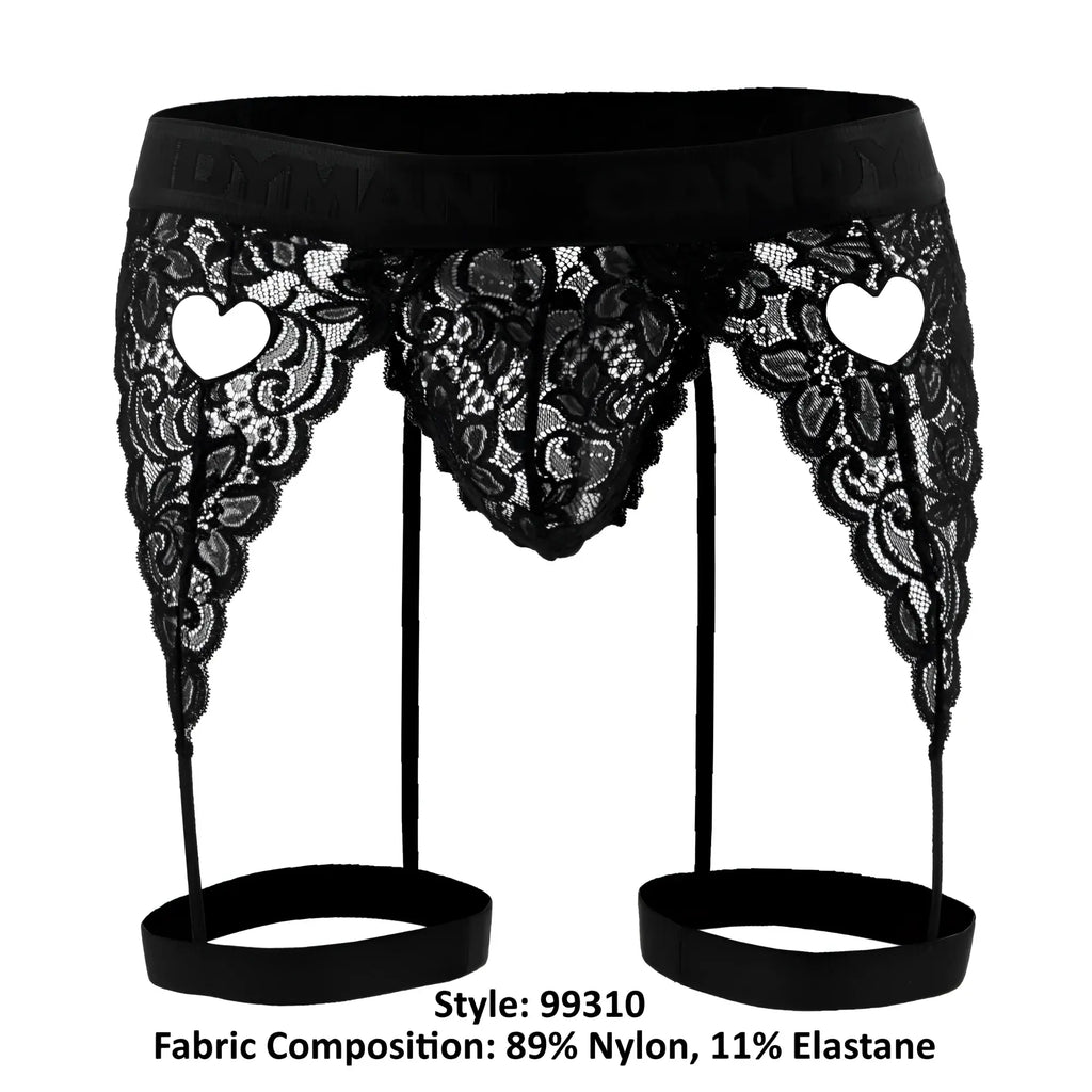 Black lace garter belt with heart-shaped cutouts and elastic straps from candyman 99310 thongs in black