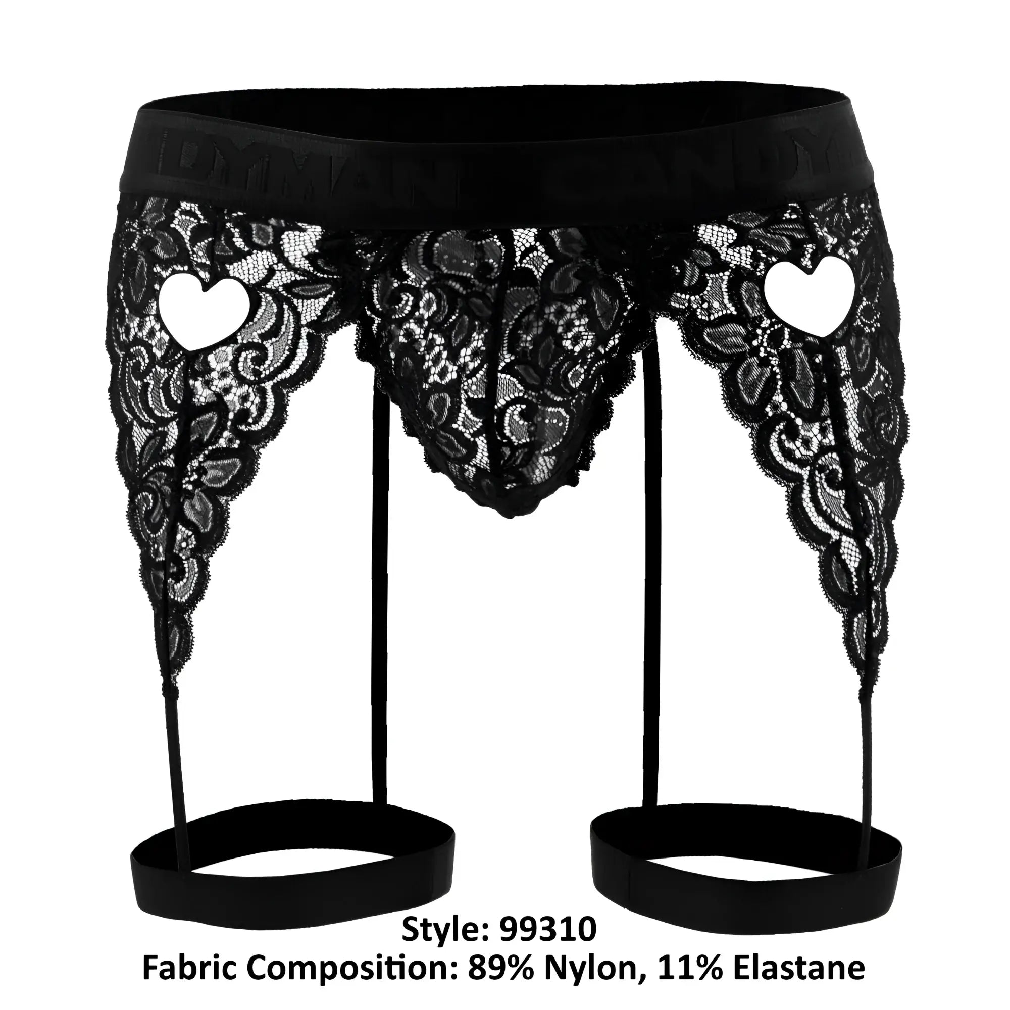 Black lace garter belt with heart-shaped cutouts and elastic straps from candyman 99310 thongs in black