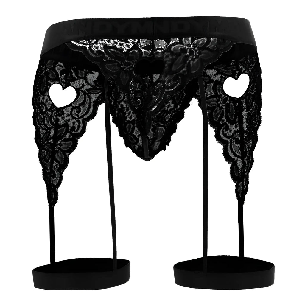 Black lace CandyMan 99310 garter belt with heart-shaped cutouts and matching leg straps in black