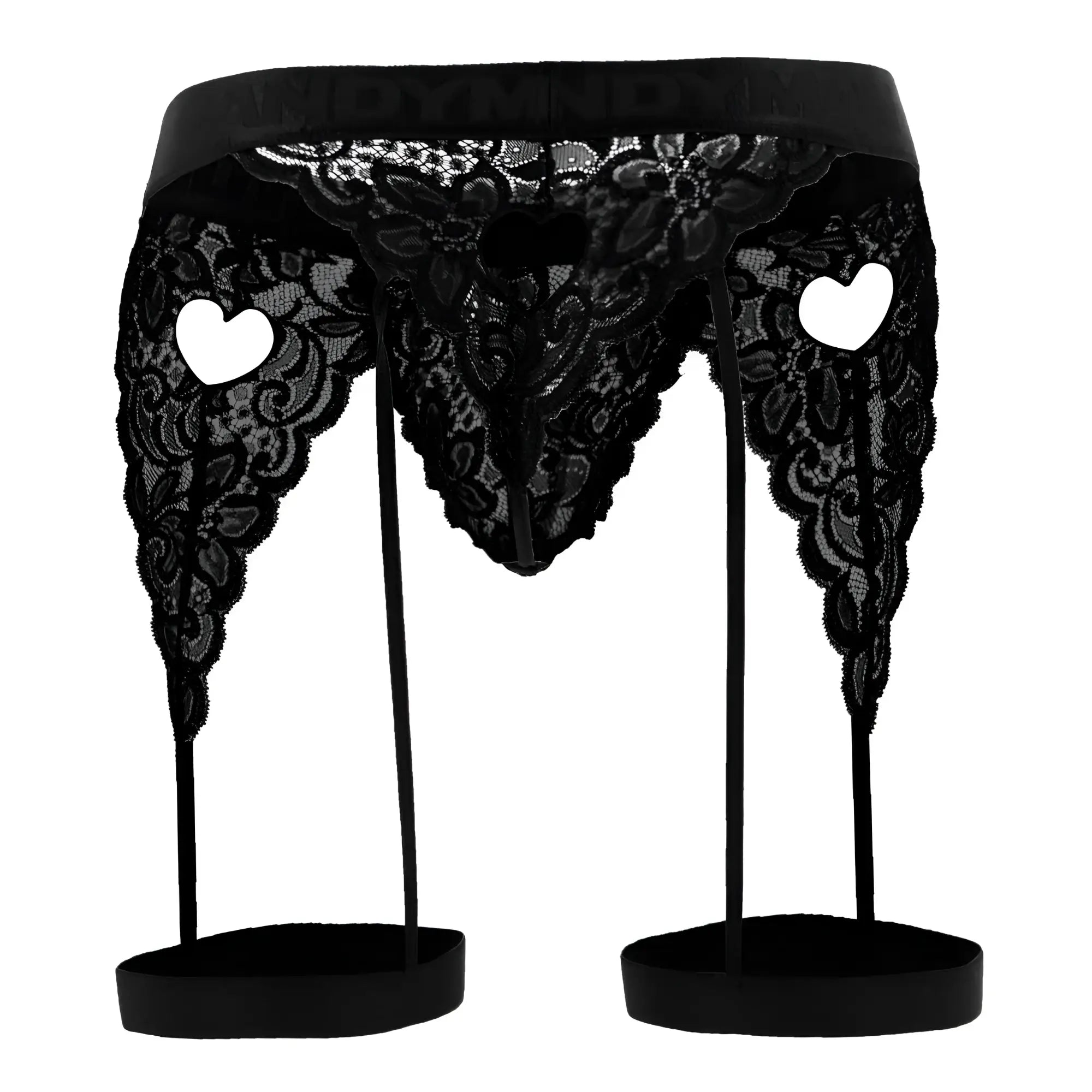 Black lace CandyMan 99310 garter belt with heart-shaped cutouts and matching leg straps in black