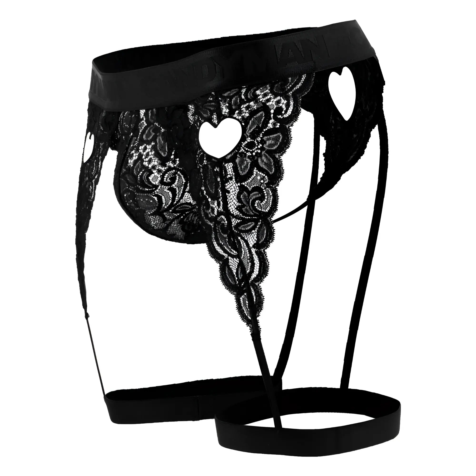 Black lace garter belt with heart-shaped cutouts and satin waistband from candyman 99310 thongs in black