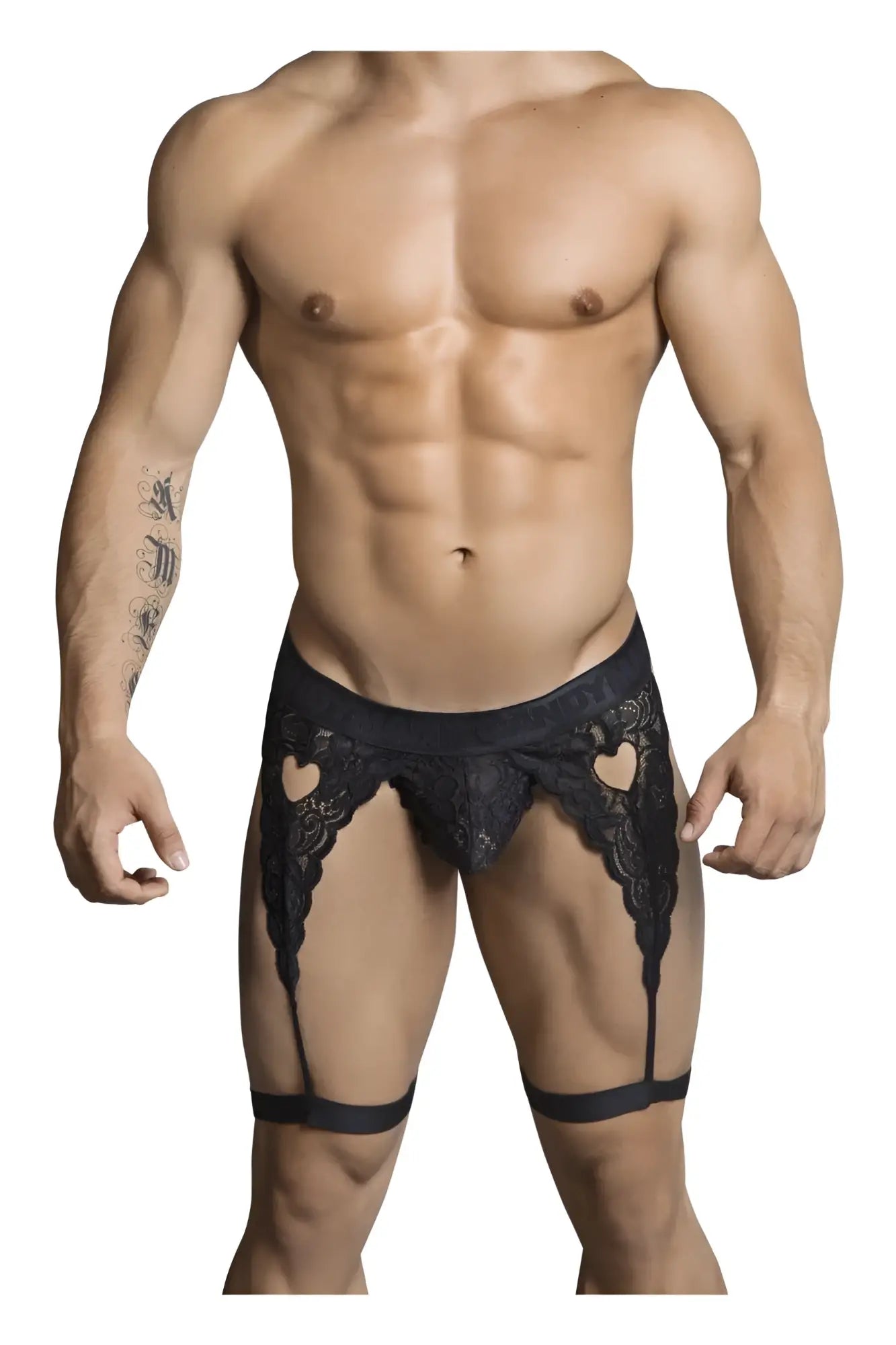 Black lace men’s garter belt candyMan 99310 with heart-shaped cutouts and matching straps in black color