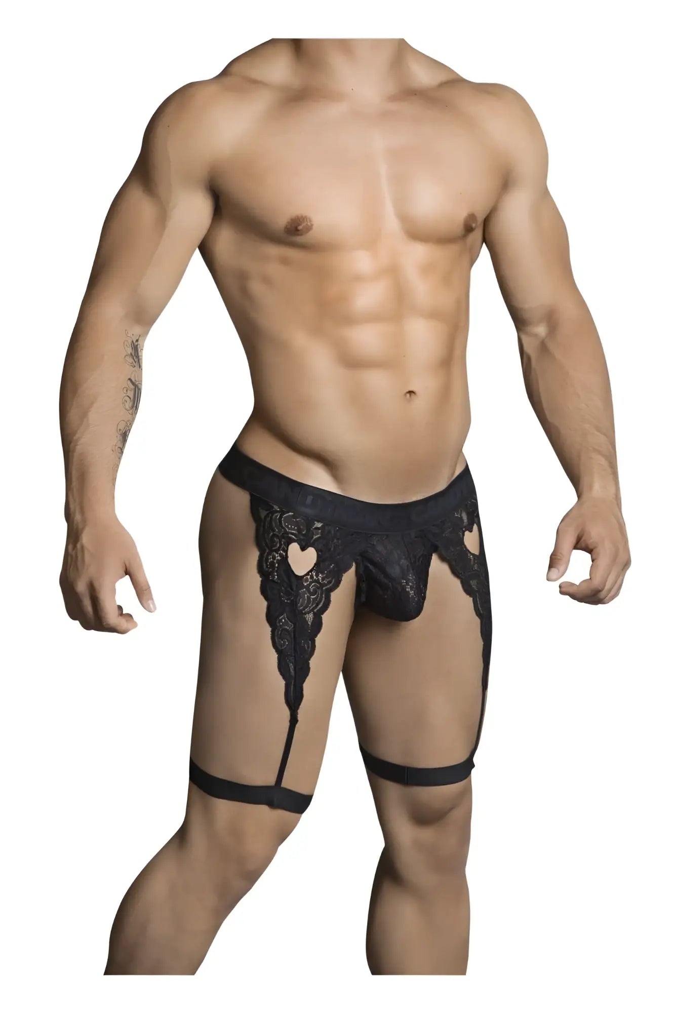 Black lace thong CandyMan 99310 with heart-shaped cutouts and leg straps shown from the back side