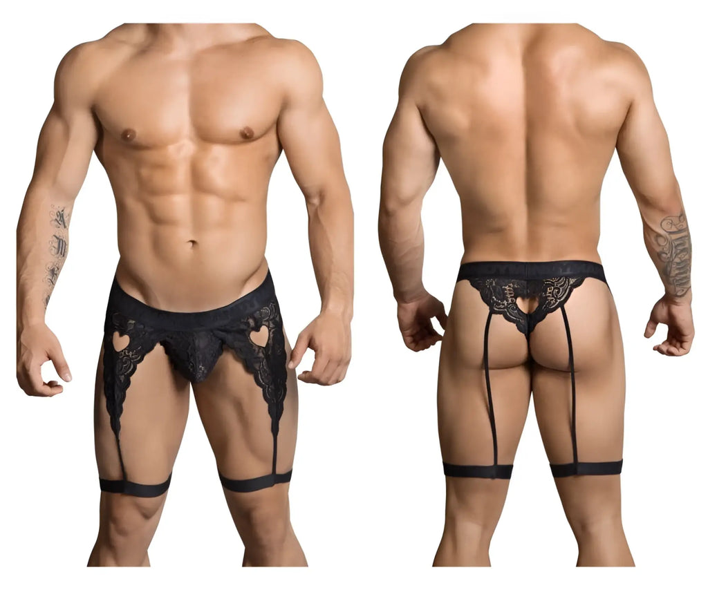 Black lace thong CandyMan 99310 with heart-shaped cutouts and adjustable straps in black