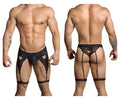 Black lace thong CandyMan 99310 with heart-shaped cutouts and adjustable straps in black