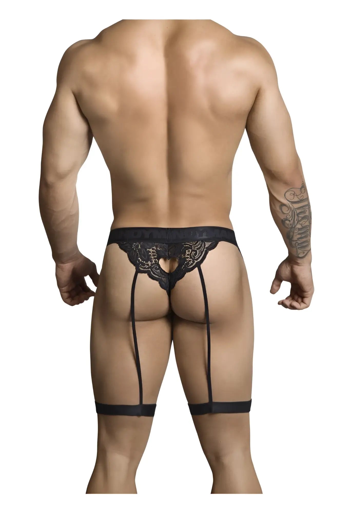 Black lace thong CandyMan 99310 with three suspenders and heart-shaped cutout in color black