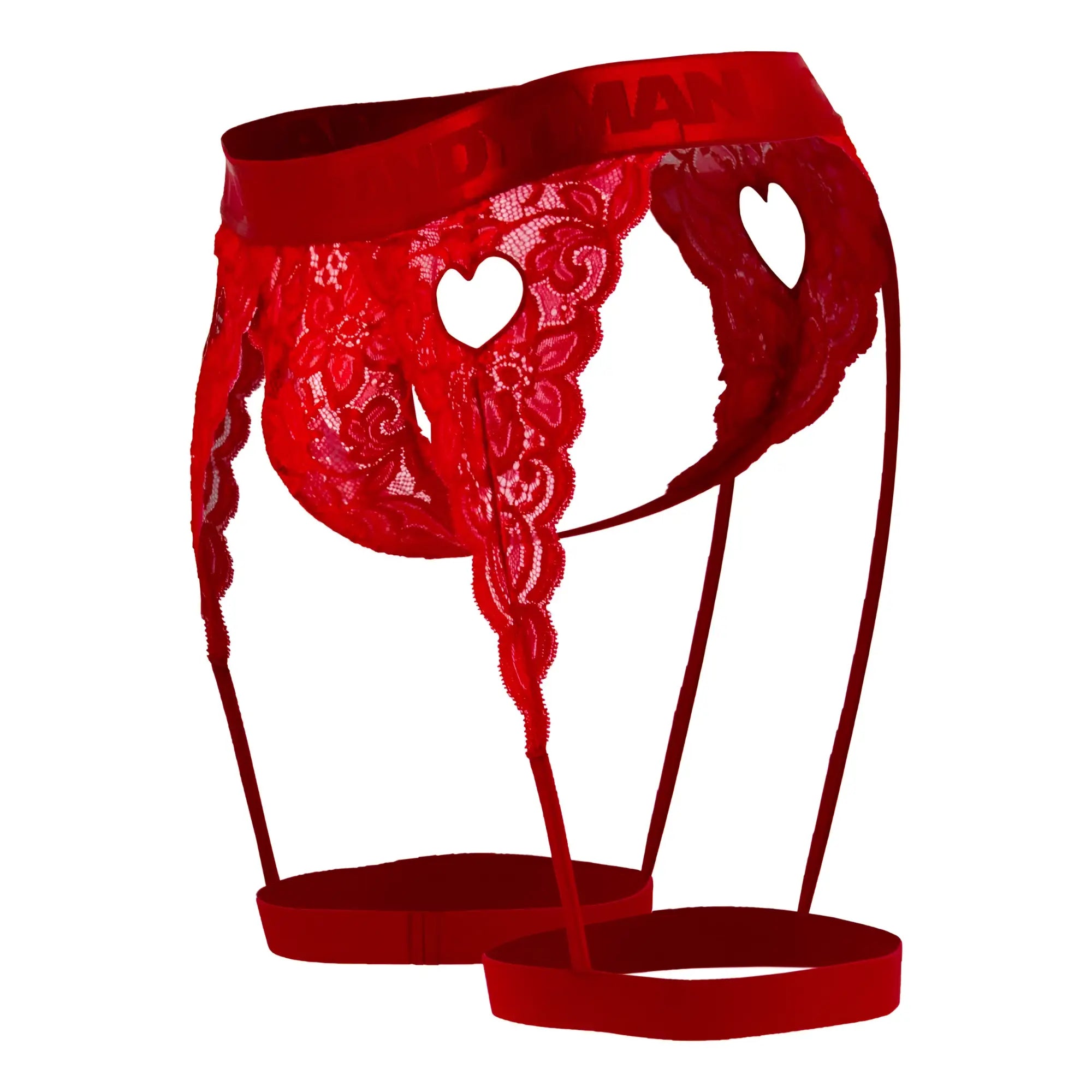 Red lace garter belt with heart-shaped cutouts and matching straps from candyman 99310 thongs in red color